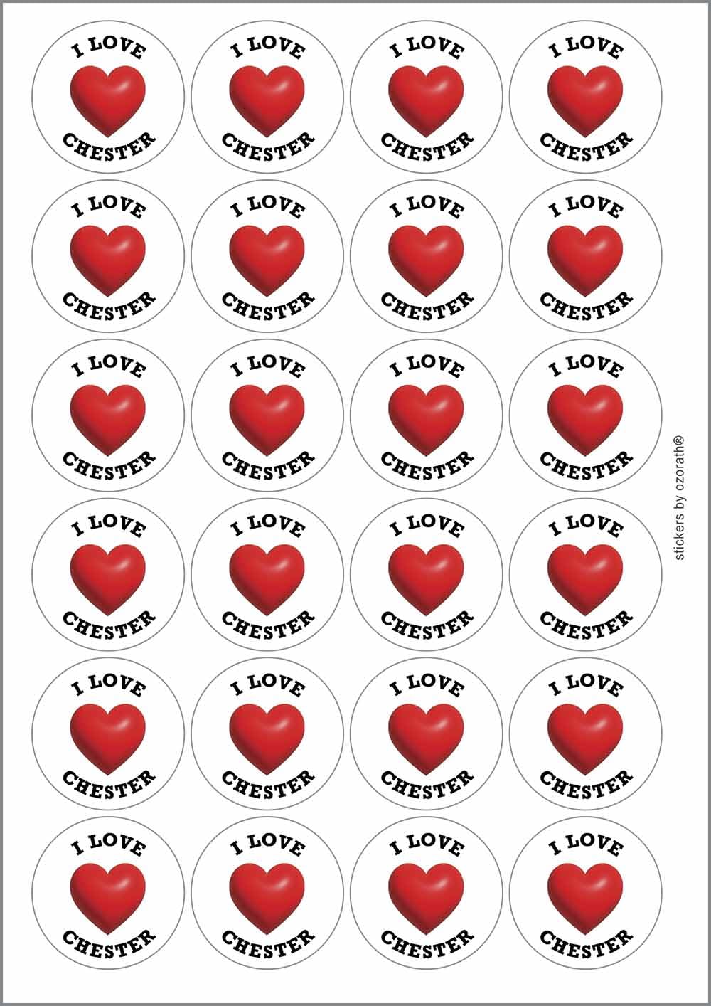 I Heart Love Chester Location Circular Matt Paper Stickers A4 Sheet of 24 (Each Sticker is 45mm Diameter)