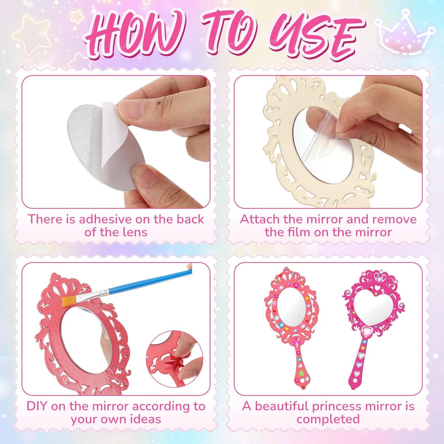 Juexica 36 Sets Wooden Mirror Craft for Girls Kid DIY Decorate Your Own Princess Mirror Unbreakable Paint Hand for Princess Tea Party Gift for Back to School Christmas Birthday Art Activities Favors