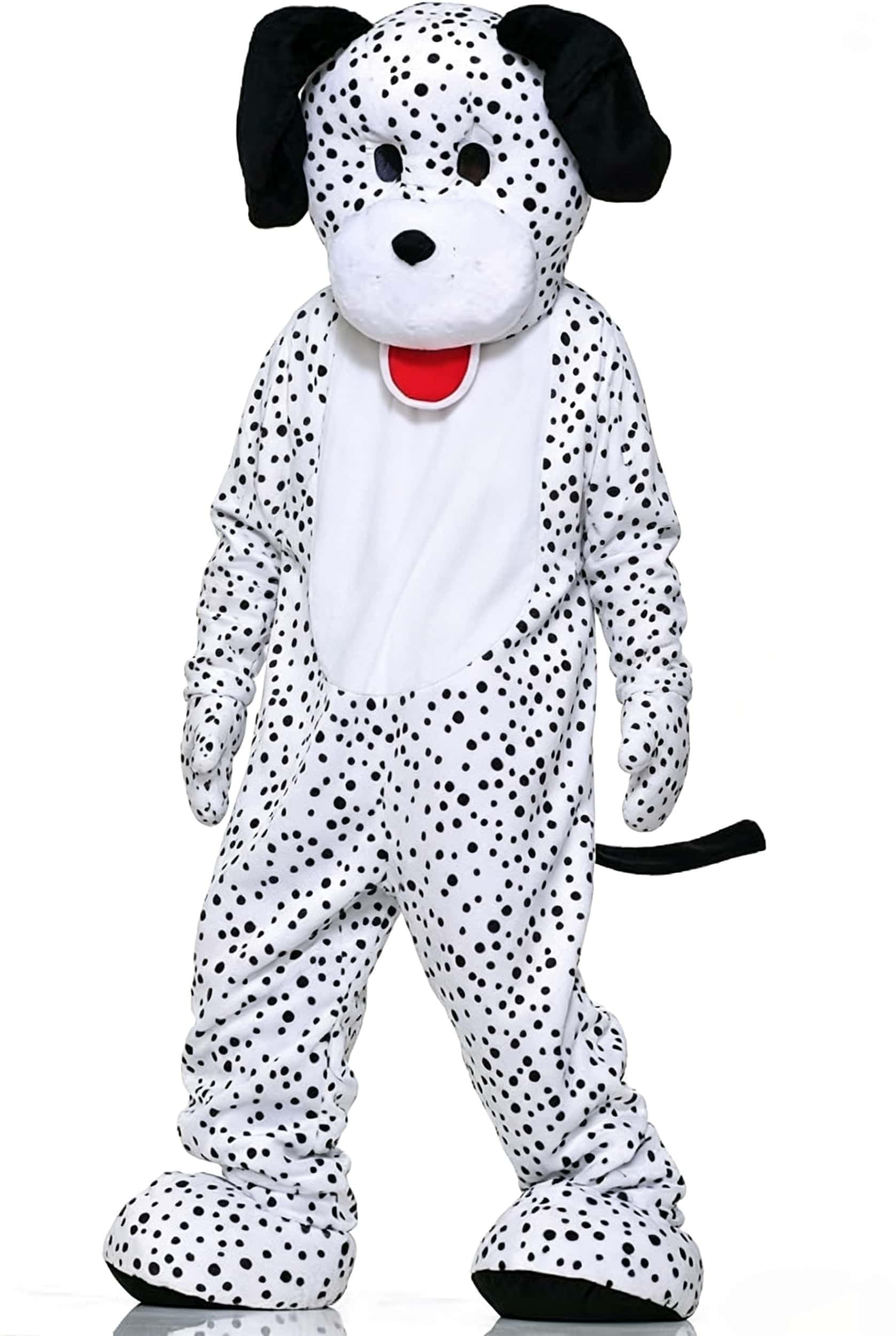Costume da dalmata in peluche maculato bianco e nero per cuccioli, vestito per adulti