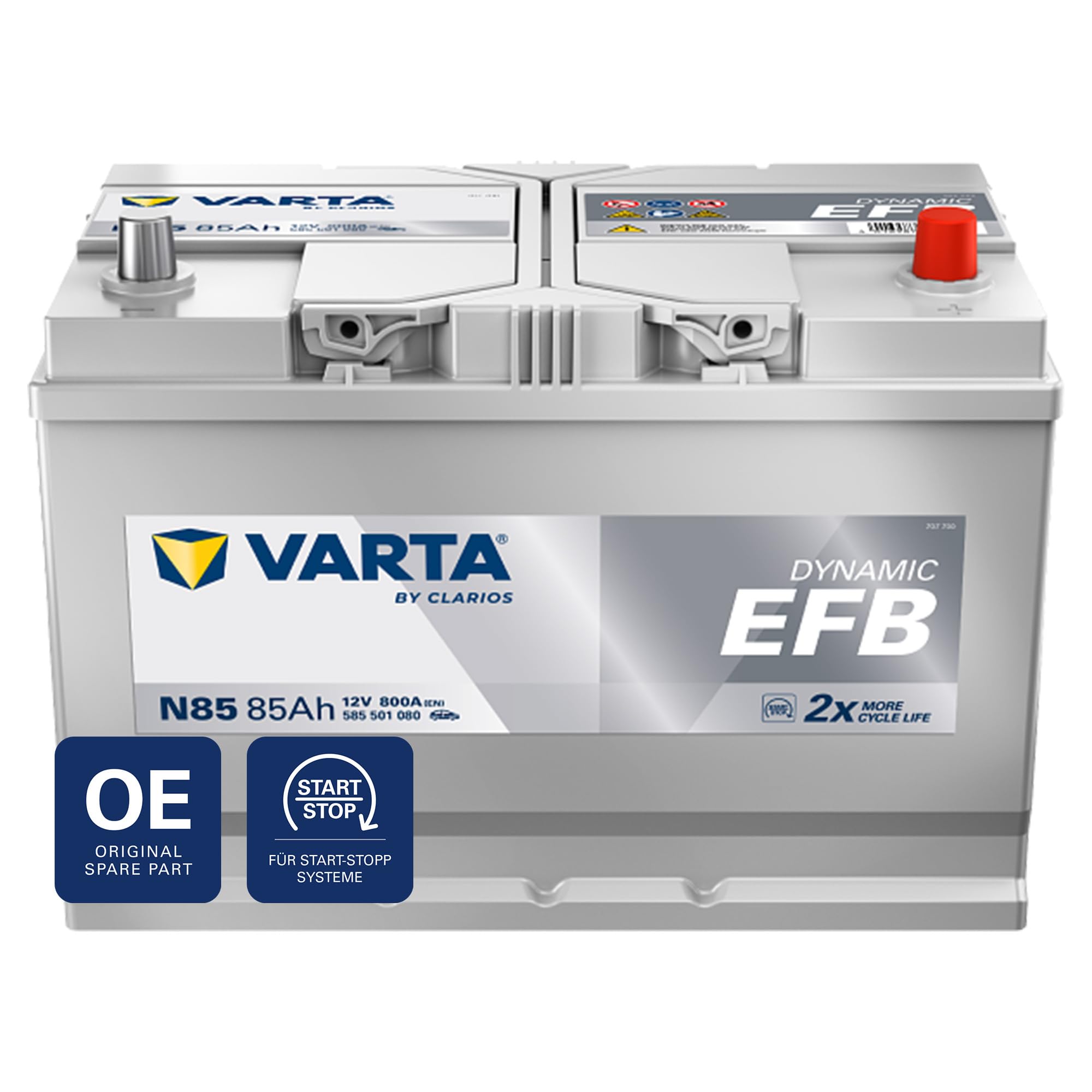 VARTA Automotive DYNAMIC EFB (N85) 12V 85Ah 800A - Nassbatterie für Start-Stopp Systeme - Starterbatterie für Autos mit erhöhtem Energiebedarf - Wartungsfreie Bleisäurebatterie | Starterbatterie für Autos mit erhöhtem Energiebedarf - Wartungsfreie Bleisäu