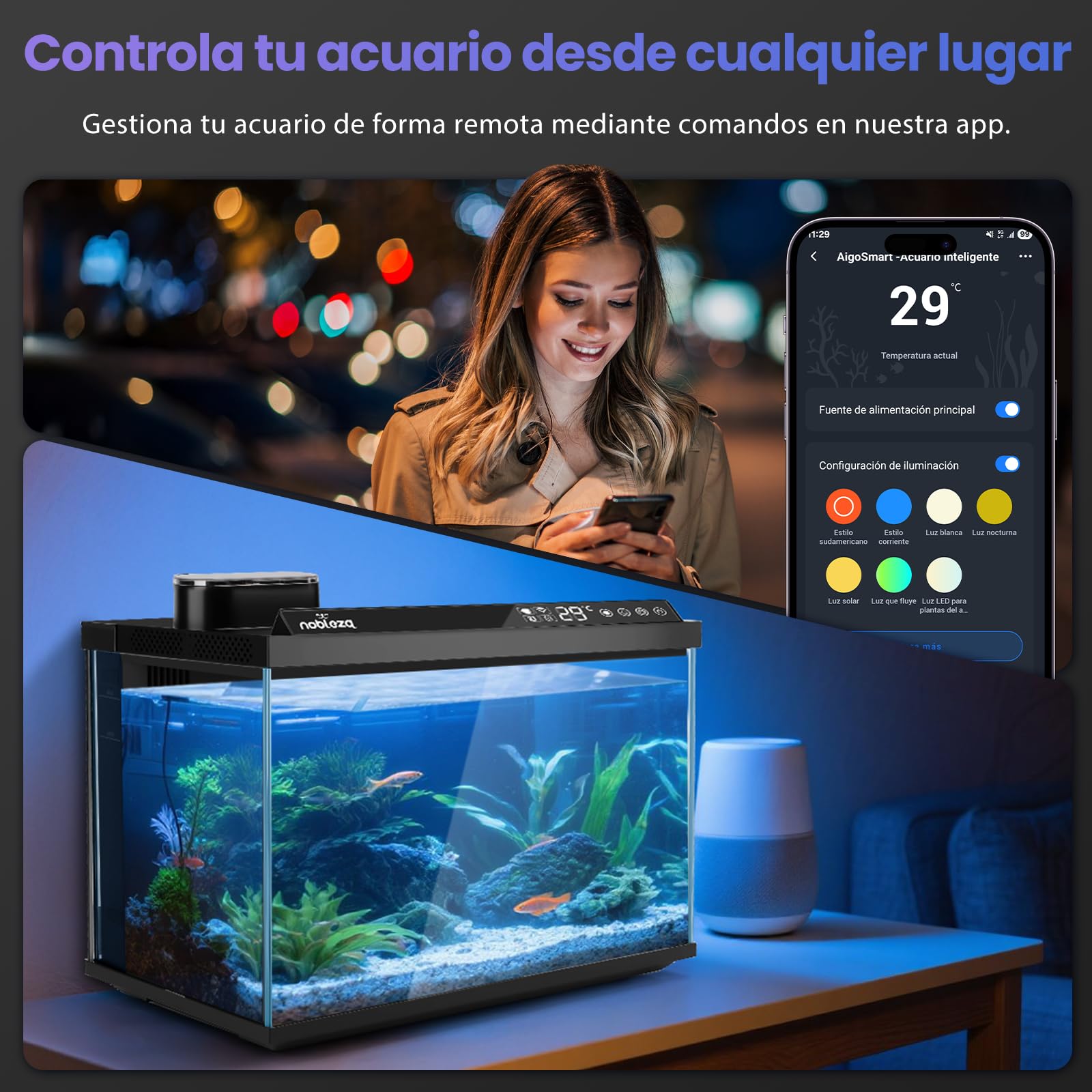 Nobleza Acuario Inteligente 30L - Control por App - Pecera Inteligente con Triple Filtración, Alimentación Remota, Drenaje Automático en 1 Toque - Color Negro