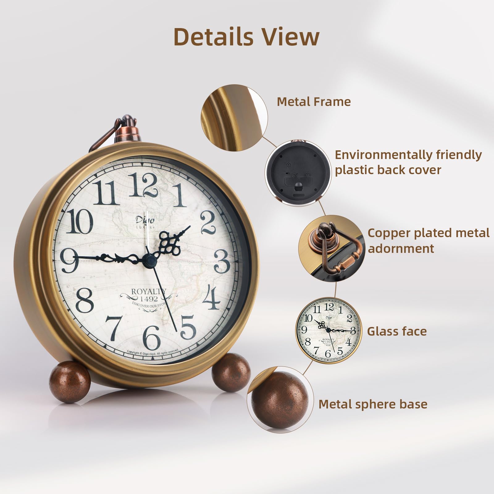 Maxspace Desk Clocks, Small Table Alarm Clocks for Shelf Bedroom Office,Vintage Metal Aesthetic Living Room Decor Clock, Non Ticking Silent Battery Operated Cute Clocks (Gold)