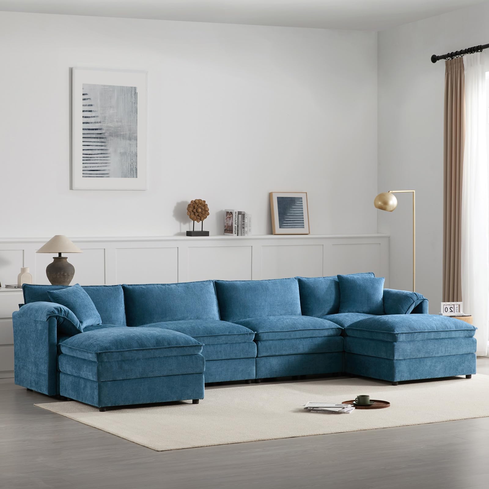 136" U-Shaped Sectional Sofa with Deep Seat, Chenille Convertible Sofa Bed Set with Double Cushions, 6-Seater Cloud Couch Modular Furniture with Movable Ottomans for Living Room, Bedroom, Blue