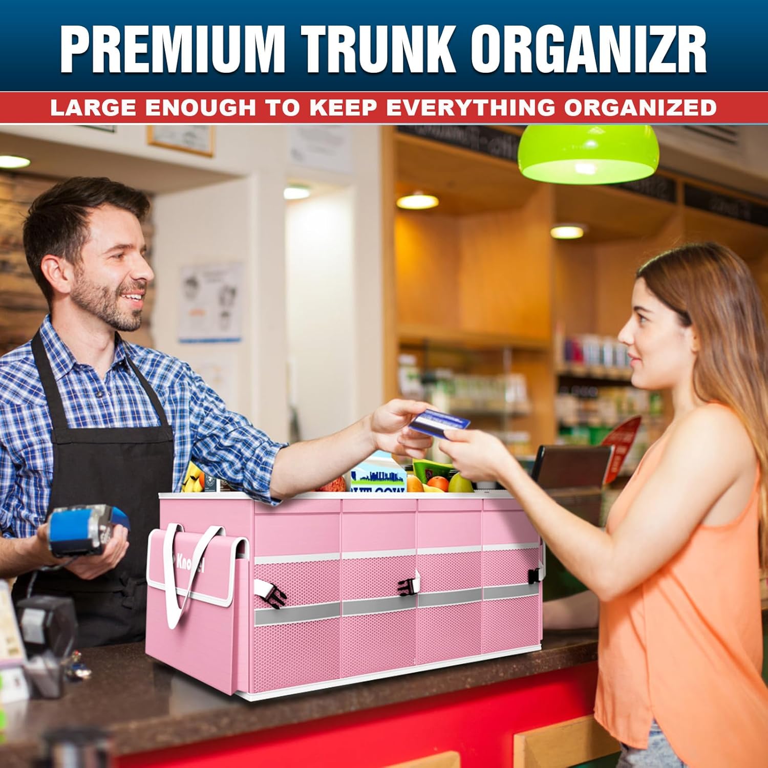 K KNODEL Car Trunk Organizer with Lid, Collapsible Car Trunk Storage Organizer, Car Organizer and Storage for SUV, Truck, Sedan (Medium, Pink)