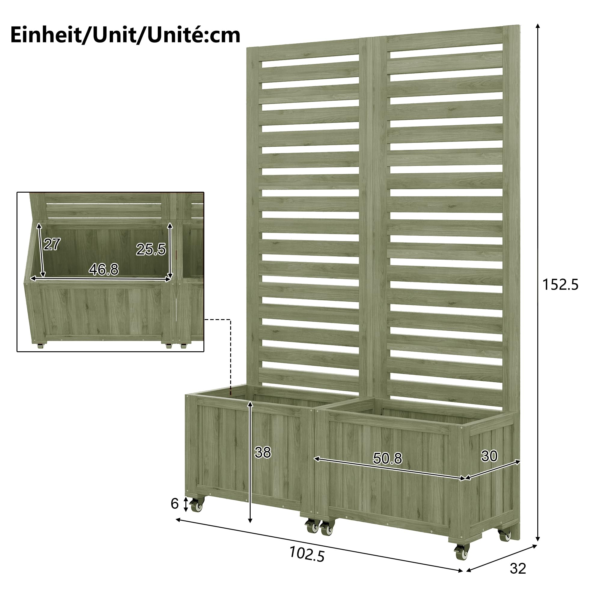 Merax Jardinière avec treillis, 2 grilles de jardin & 2 bacs à plantes, bois de sapin résistant aux intempéries, pliable, avec roues universelles, jardinière d’extérieur pour jardin, terrasse, cour
