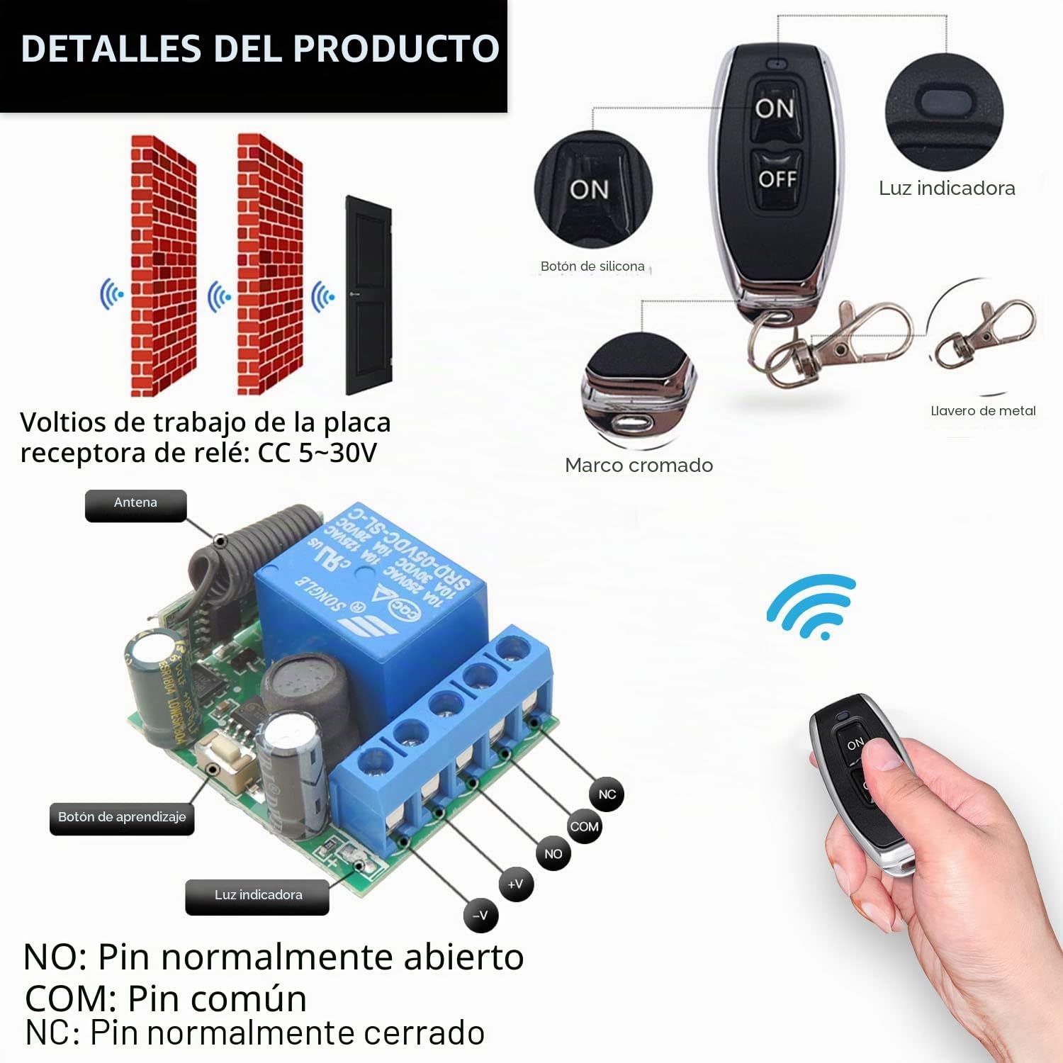 DieseRC Interruptor de Mando a Distancia Inalámbrico 433Mhz 5V 12V 24V Receptor de Relé de Control de Radio de 1 Canal con 4 Transmisores Controlador de Relé de Contactos sin Potencial