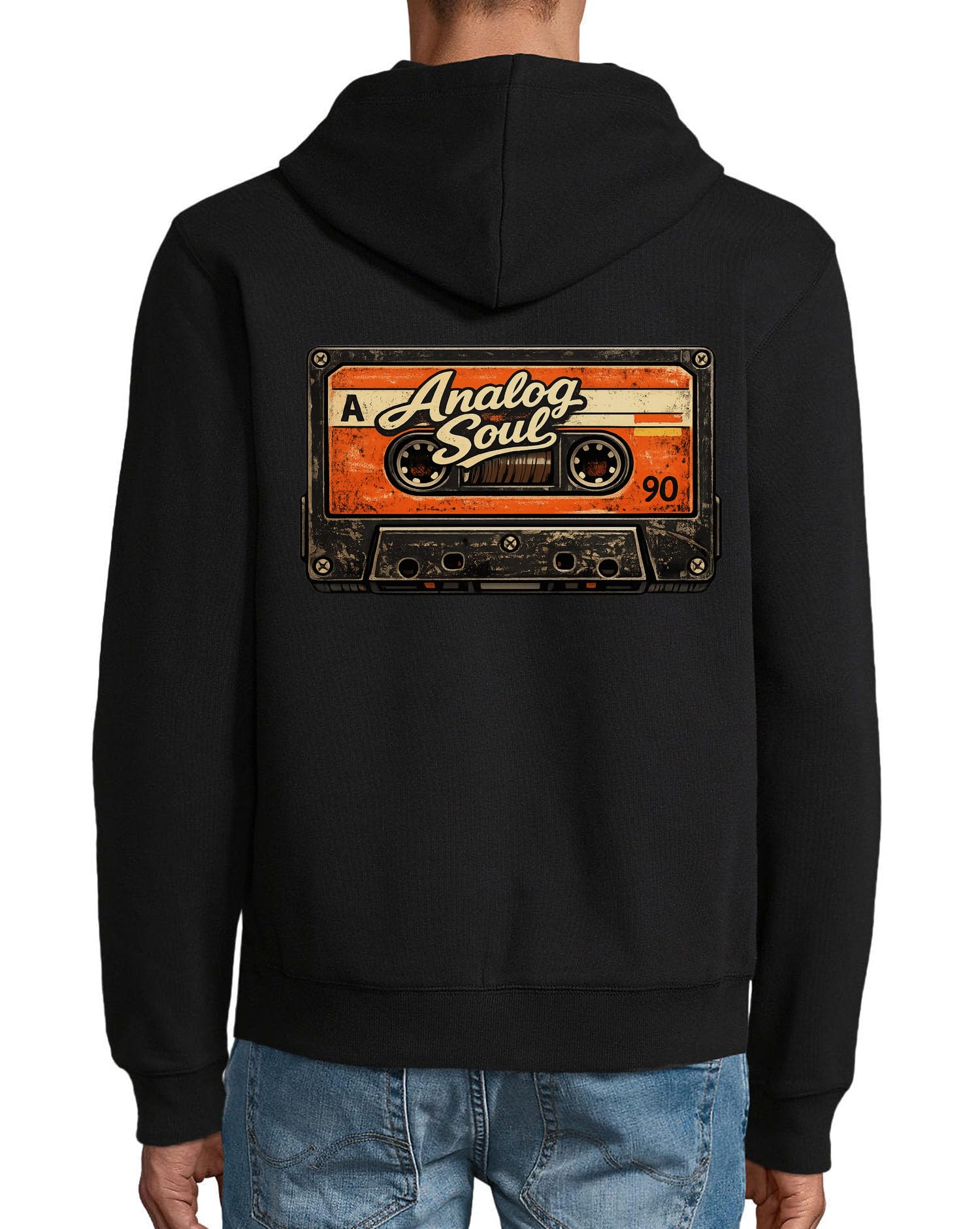 Sweat à capuche vintage en coton mélangé avec motif cassette audio et fermeture éclair, noir