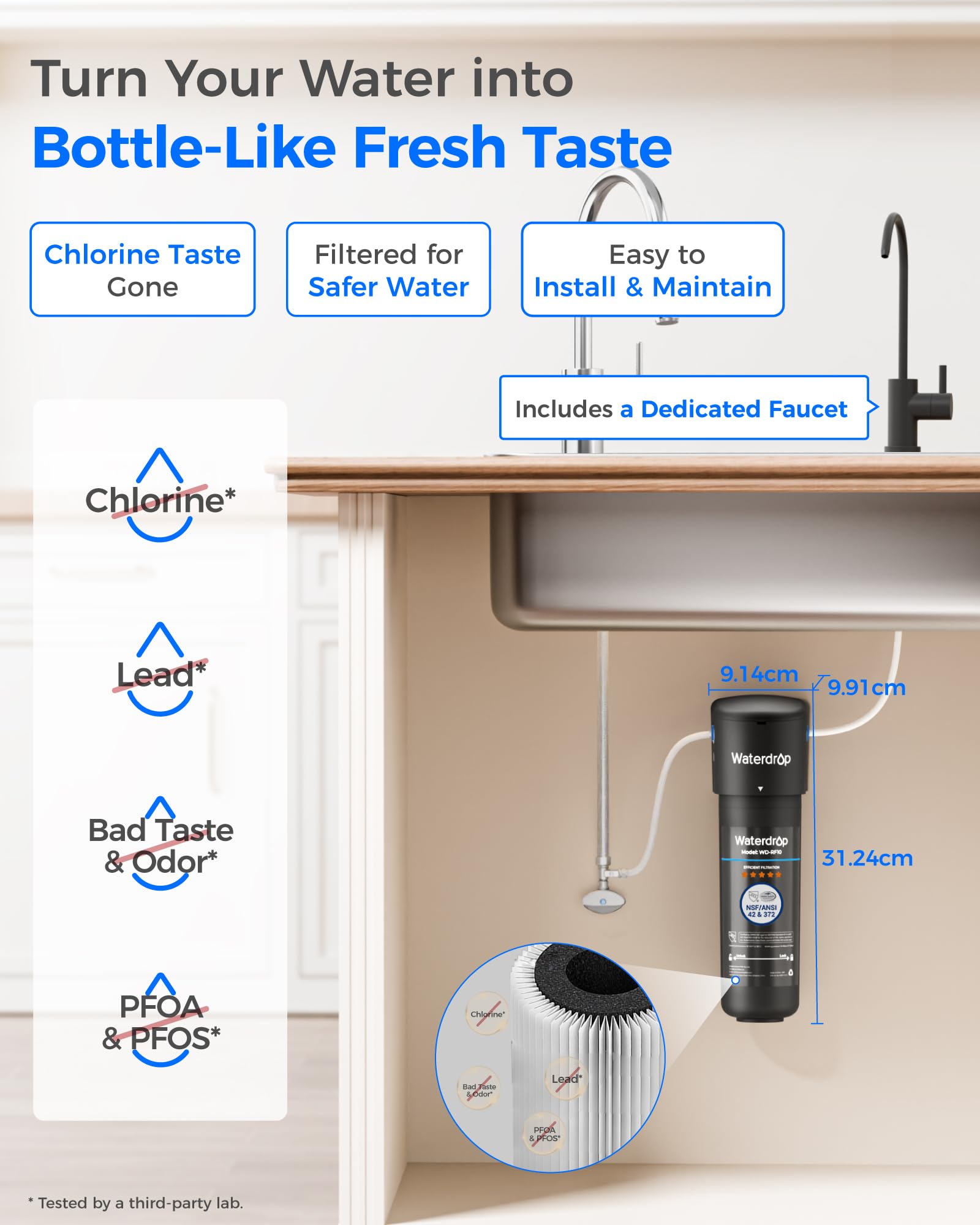 Waterdrop 10UB Système de Filtre à Eau Sous Évier avec Robinet Dédié, 11000 Gallons de Filtration d'Eau de Grande Capacité, Certifié NSF/ANSI 42, Réduit 99,99% le Plomb, le Chlore, le Mauvais Goût