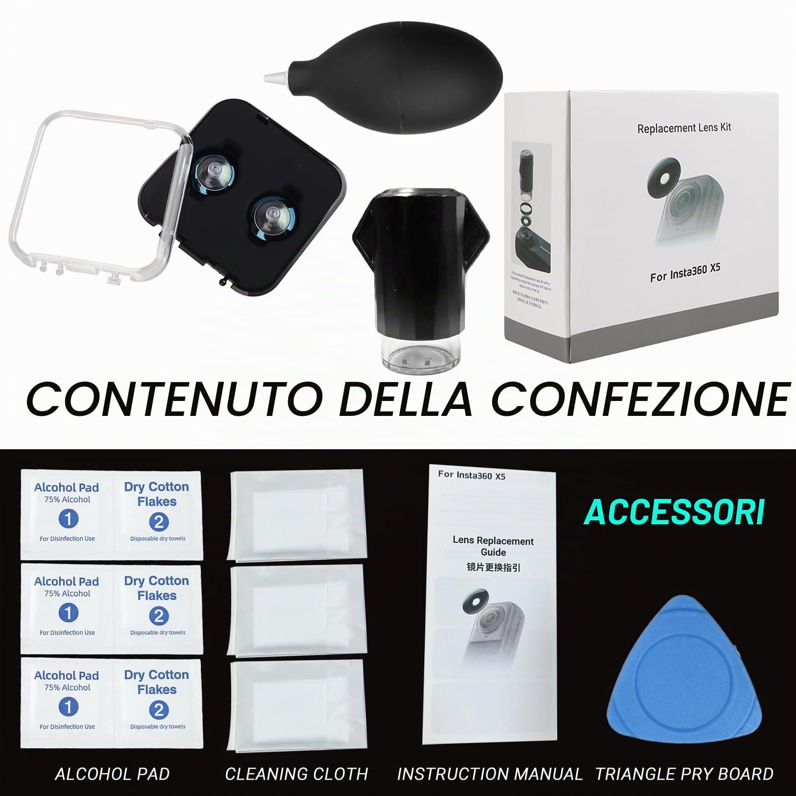 Insta 360 X5 - Kit completo di lenti di ricambio, con 2 lenti sostituibili per Insta360 X5, con strumenti per sostituire e pulire l'obiettivo