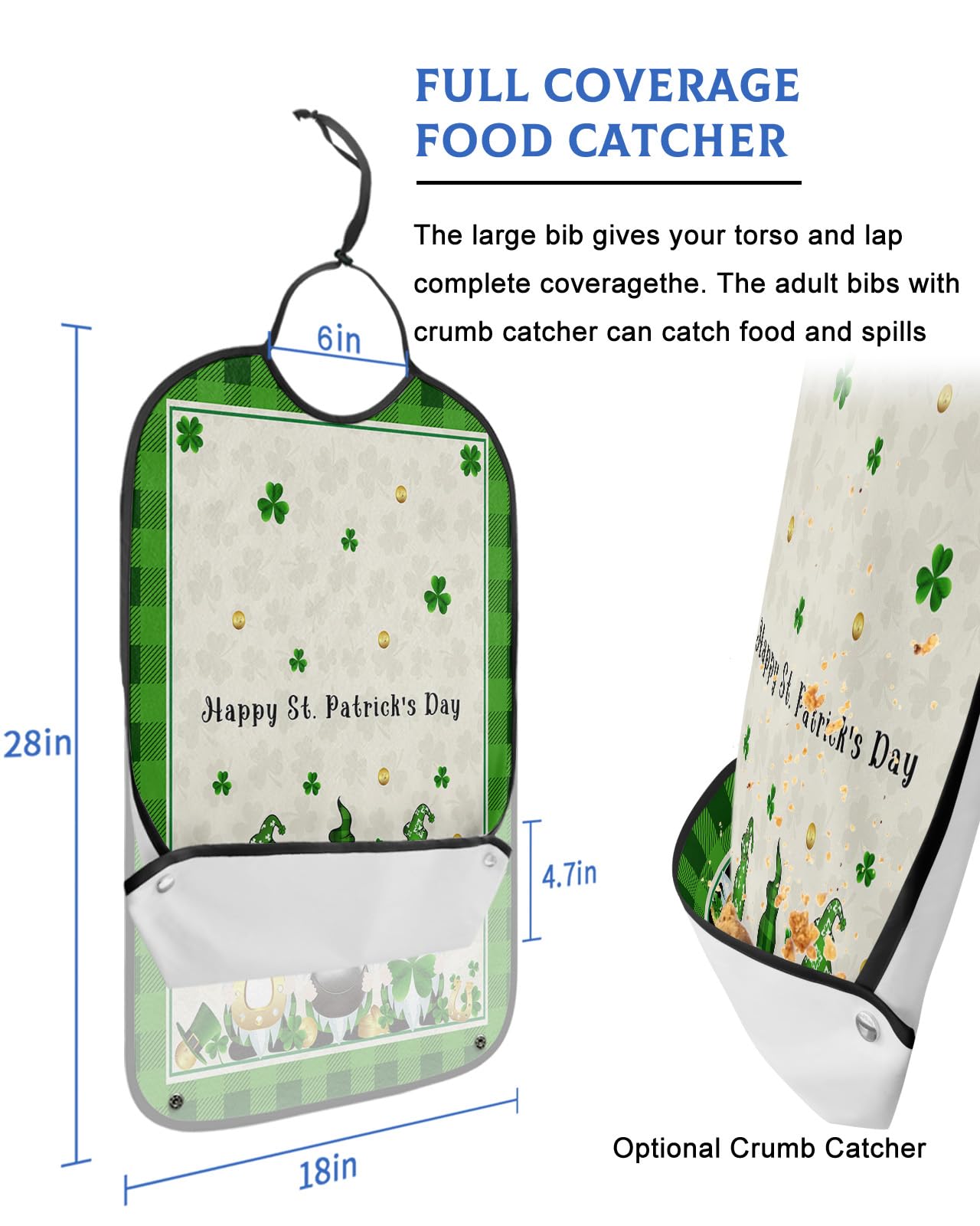 St. Patrick's Day Adult Bibs for Eating, Waterproof Bibs with Food Catcher & Adjustable Snap Closure, Green Black Checkered Board Gnomes Lucky Clover Gold Clothing Protectors Adult Bibs for Elderly