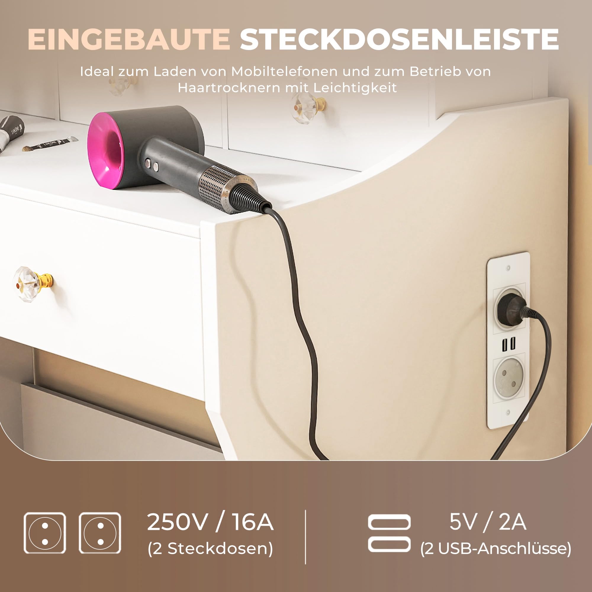 COMHOMA schminktisch, schminktische mit Beleuchtung und 5 Schubladen, schminktisch mit verstellbaren LED-Beleuchtung und Steckdosen, Frisiertisch und Hocker, modern, 40 x 80 x 135 cm, weiß