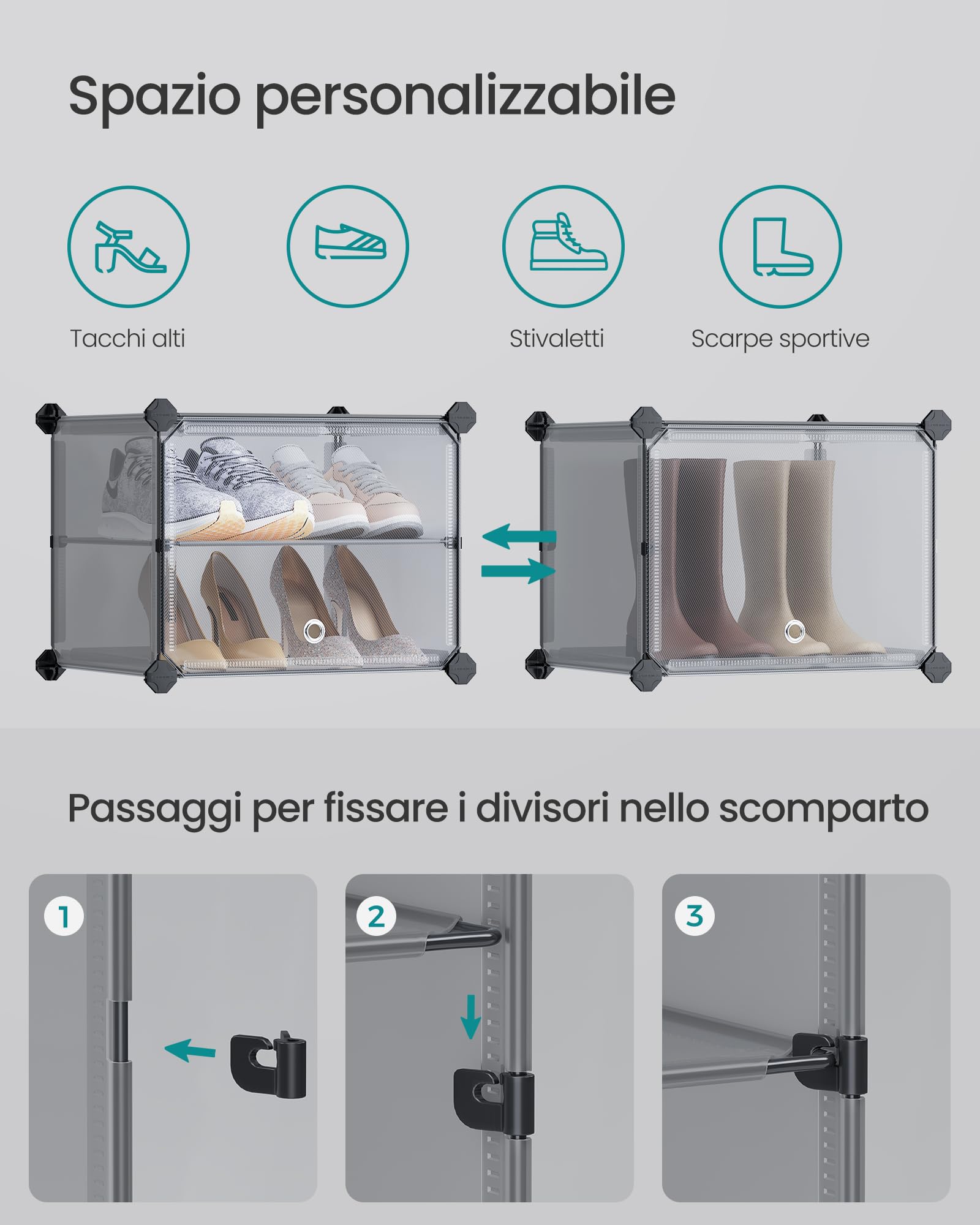 SONGMICS Scarpiera, Scaffale Modulare a 10 Scomparti per 40 Paia di Scarpe da Ingresso, con Sportelli, Telaio in Acciaio e Ripiani in Plastica, Camera da Letto, Grigio Ardesia e Trasparente LPC035G01 | 30 x 40 x 30 cm per scomparto, acciaio, plastica PP,