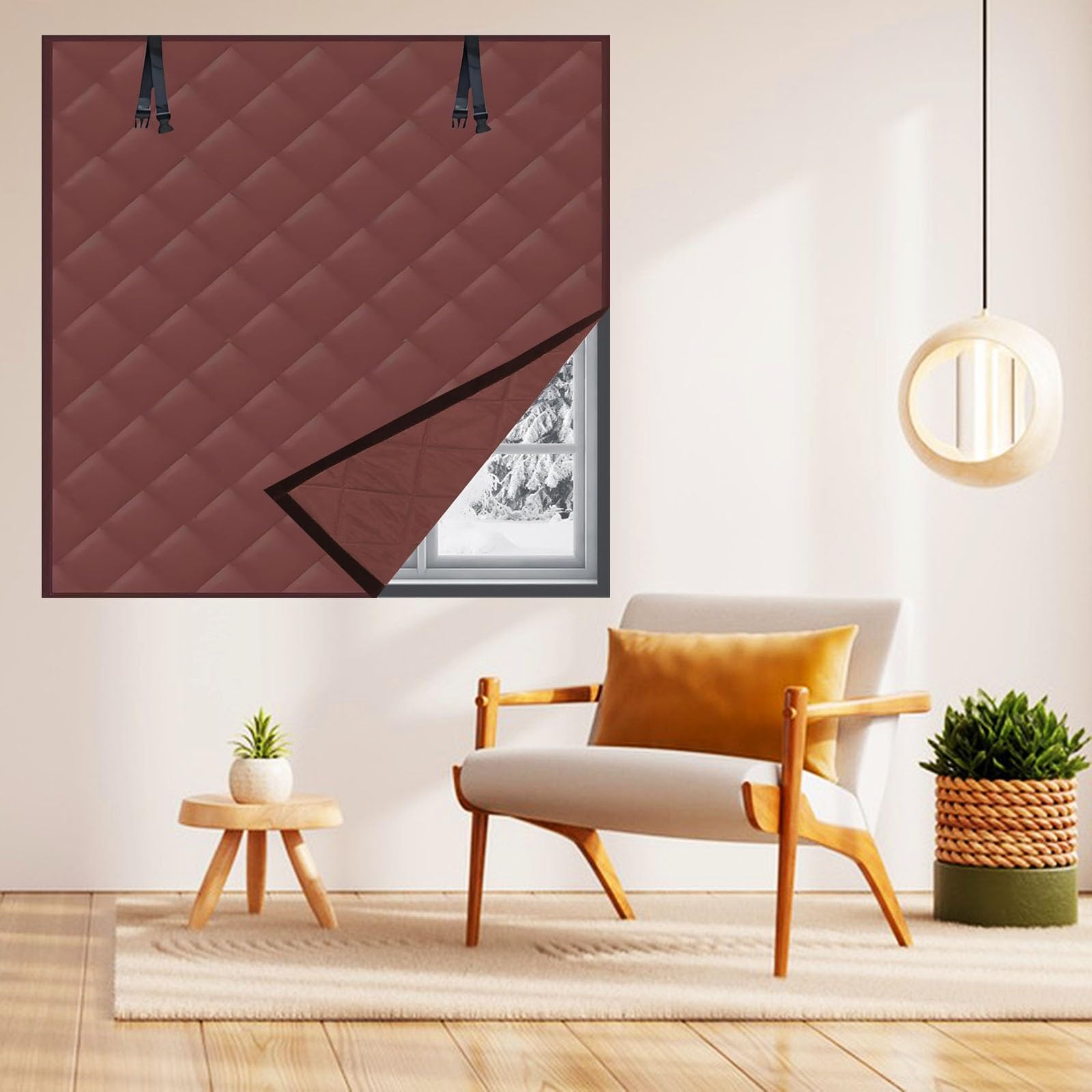 Fenster-Isolier-Set für den Winter 100x160 cm & 160x100 cm 3-Schicht Verdickte Verdunkelung, Isolier-Vorhang Abdeckung zum Warmhalten des Zuhauses(Braun,55x71in)