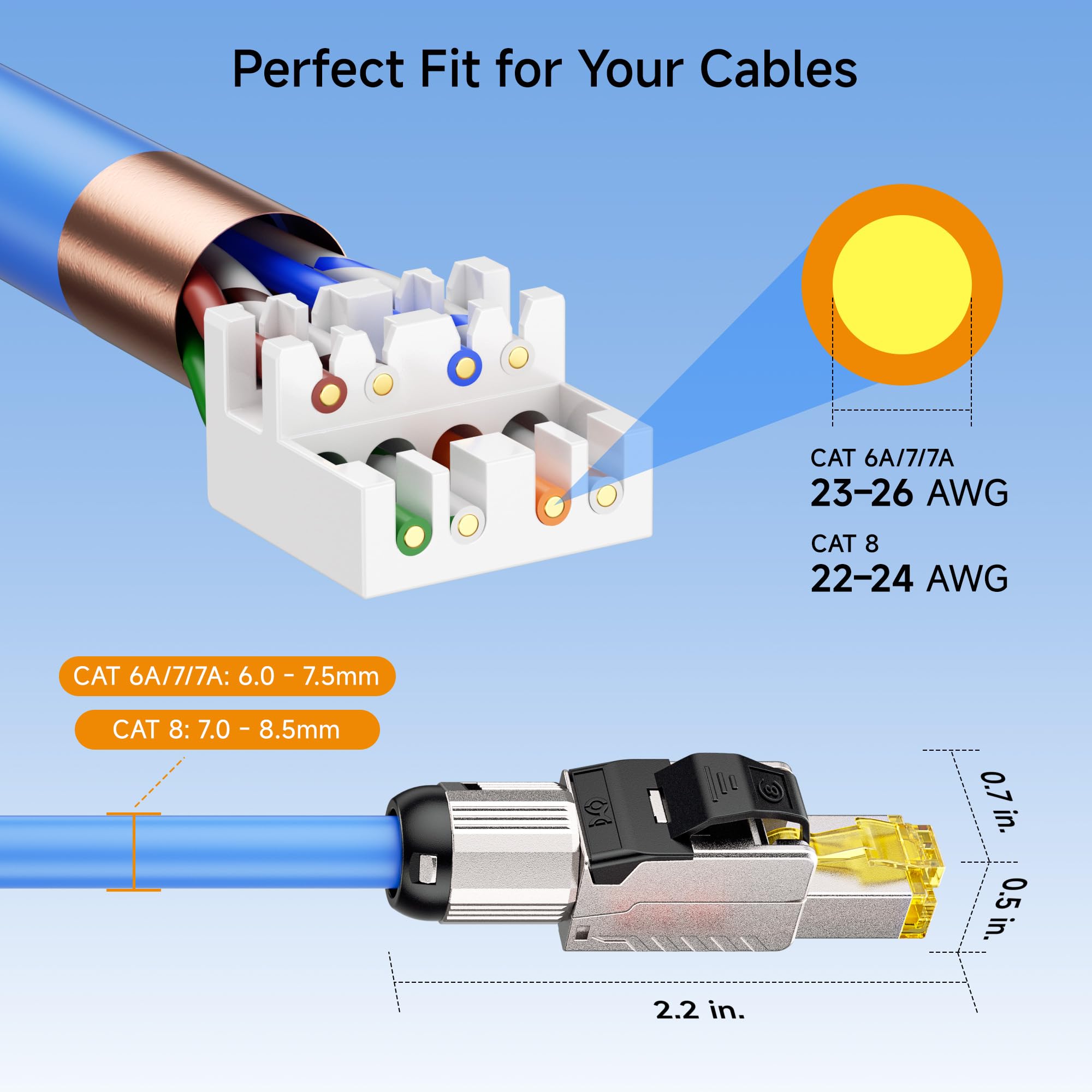 Cable Matters Confezione da 6 connettori RJ45 Cat8 schermati, 40 Gbit/s | Connettori Cat8 per terminazione in campo, Schermati e senza attrezzi, Per cavi Ethernet compatibili