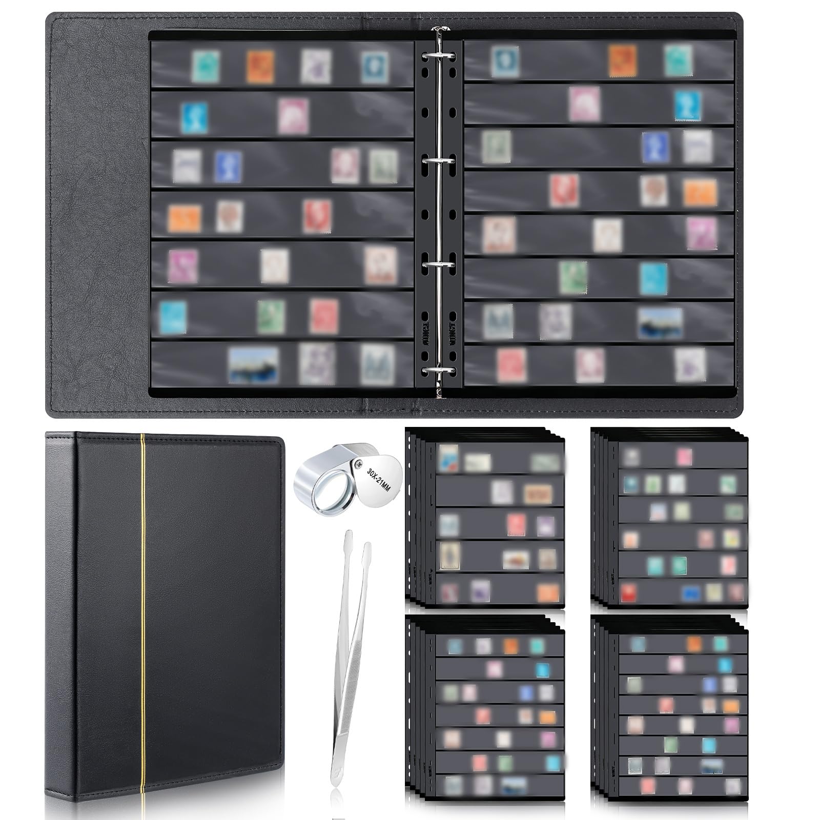 Lewtemi Stamp Collecting Album Set 20 Pages, Black, 5/6/7/8 Rows