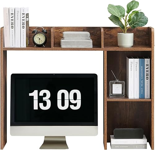 Miniatura 8 de Estantería de escritorio, gabinete de almacenamiento de escritorio de madera con 5 estantes, organizador de escritorio de 3 niveles para oficina