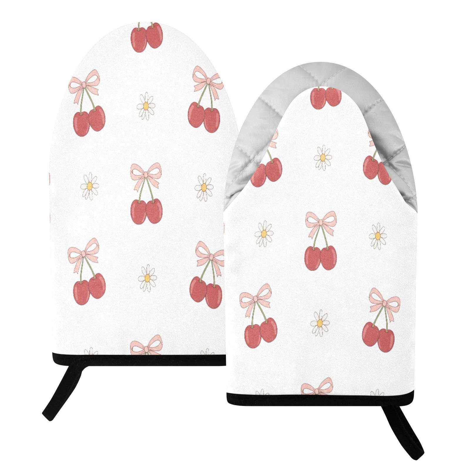 BURSTDDY Cherries and Bows Oven Mitt,Heat Resistant Kitchen Mitts for Cooking