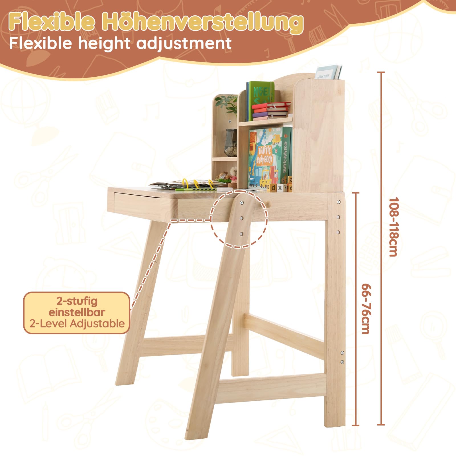 Mesa infantil de madera maciza con espacio de almacenamiento, a partir de 6 años