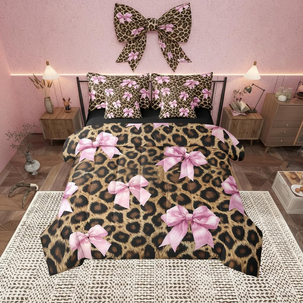 Parure de lit 7 pièces léopard et nœud rose King Size Manfei