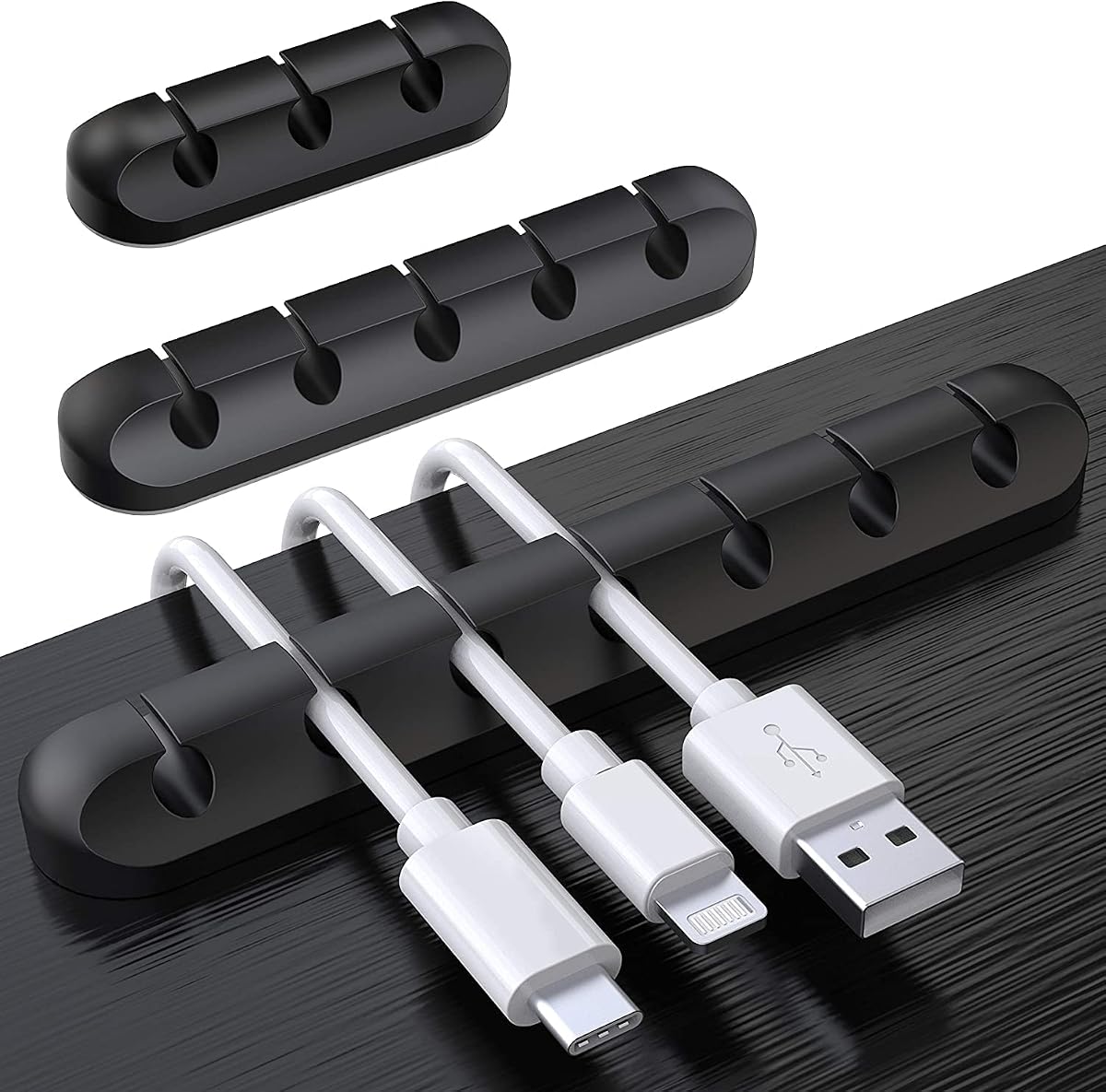 SOULWIT 3 Pcs Silicone USB Cable Holder Clips, Self Adhesive - Black | for Desktop Charging Cable, Nightstand, Mouse Cable Wire PC Office Home