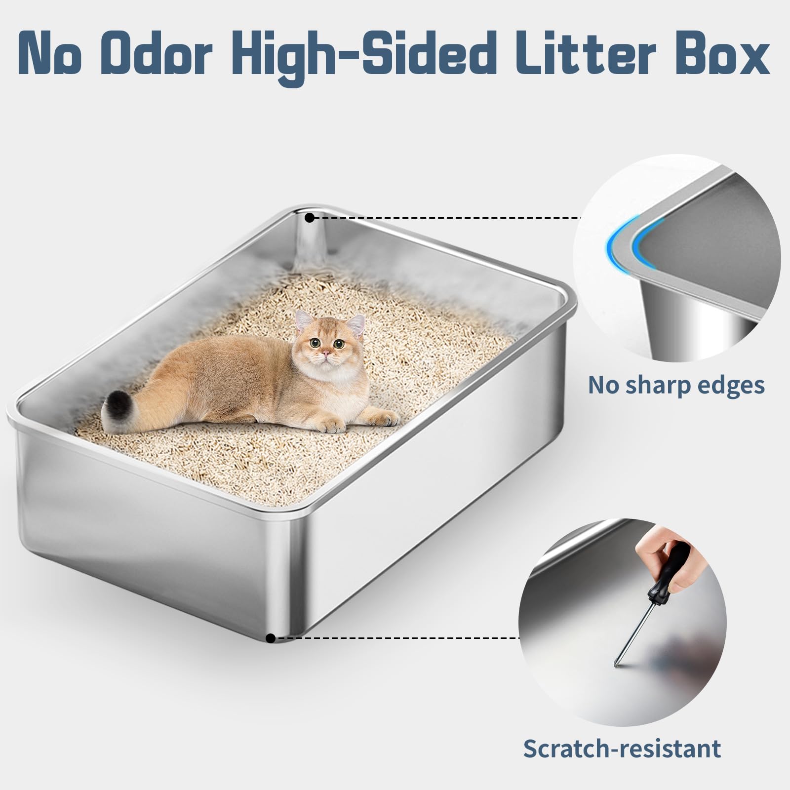 Bartuke Kattenbak van roestvrij staal, 3-pack 50 x 35 x 15 cm Metalen Kattentoilet met Hoge Rand, Extra Grote RVS Bak, lekvrij, Anti-aanbak Kattenbak, Geurloos