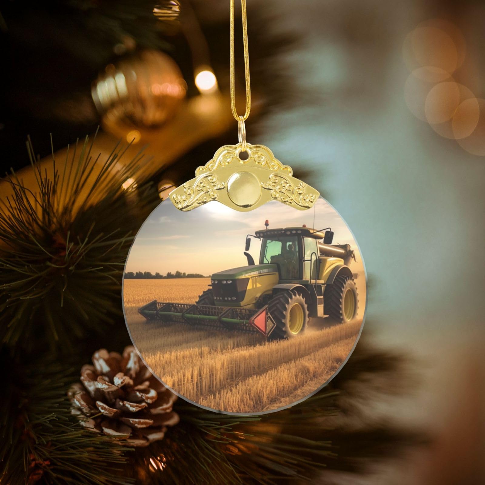 Crystal Christmas Ornaments for Christmas Tree Decoration Hanging Farm Tractor Harvest Ornament with Gold Ribbon Crafts Round Pendant for Keepsake Gifts Glass Xmas Decor Party Supplies