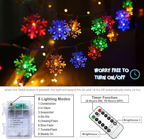 Miniatura 10 de Luces azules de Navidad con diseño de copo de nieve, 20 pies, 40 luces LED a pilas, con control remoto, 8 modos, impermeables, luces colgantes para