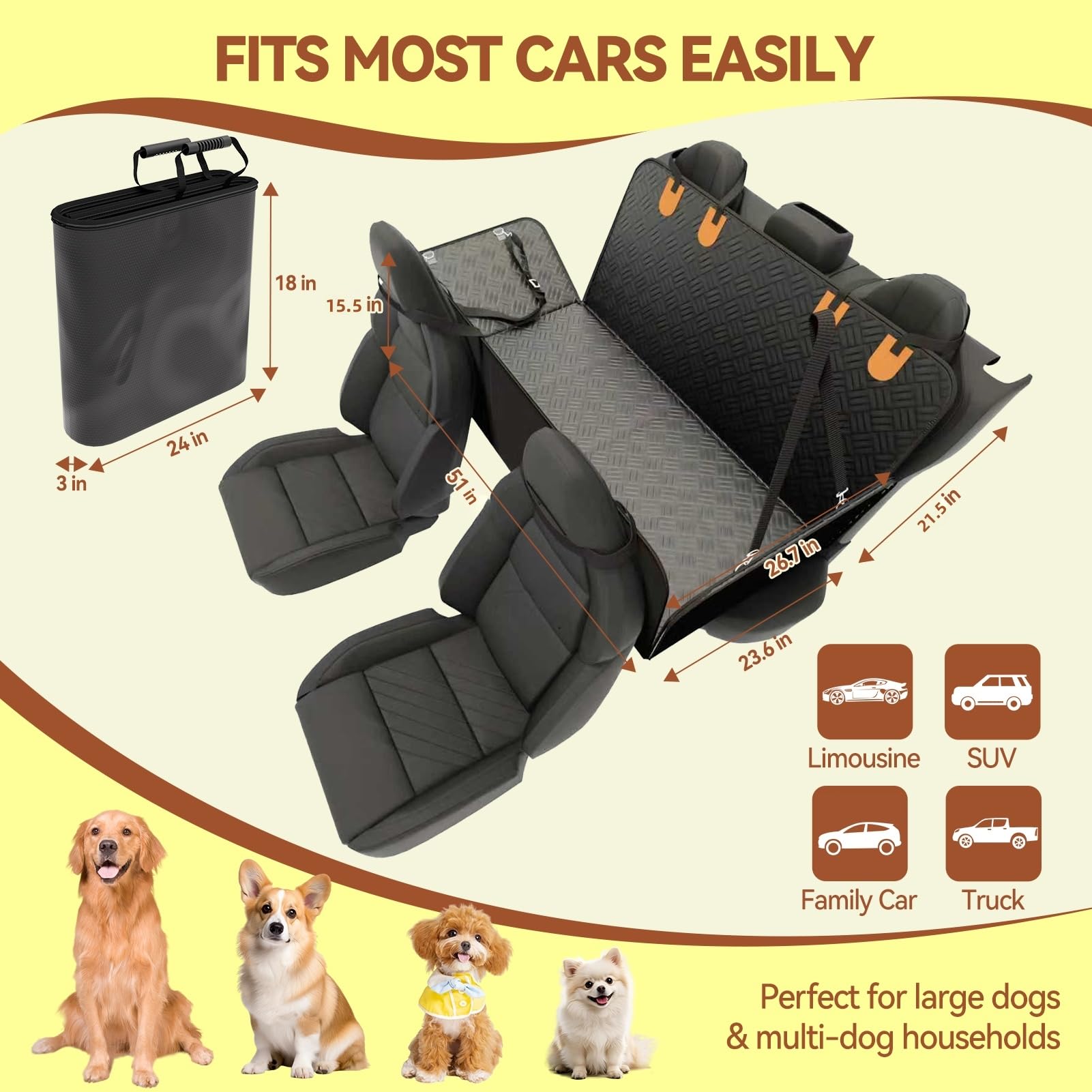 Dog Car Seat Cover for Back Seat, Hard Bottom Car Seat Cover for Dogs, Waterproof Non-Slip Foldable Back Seat Extender for Dog, Dogs Hammock Cargo Liner for Car SUV Truck, Black L - image 7