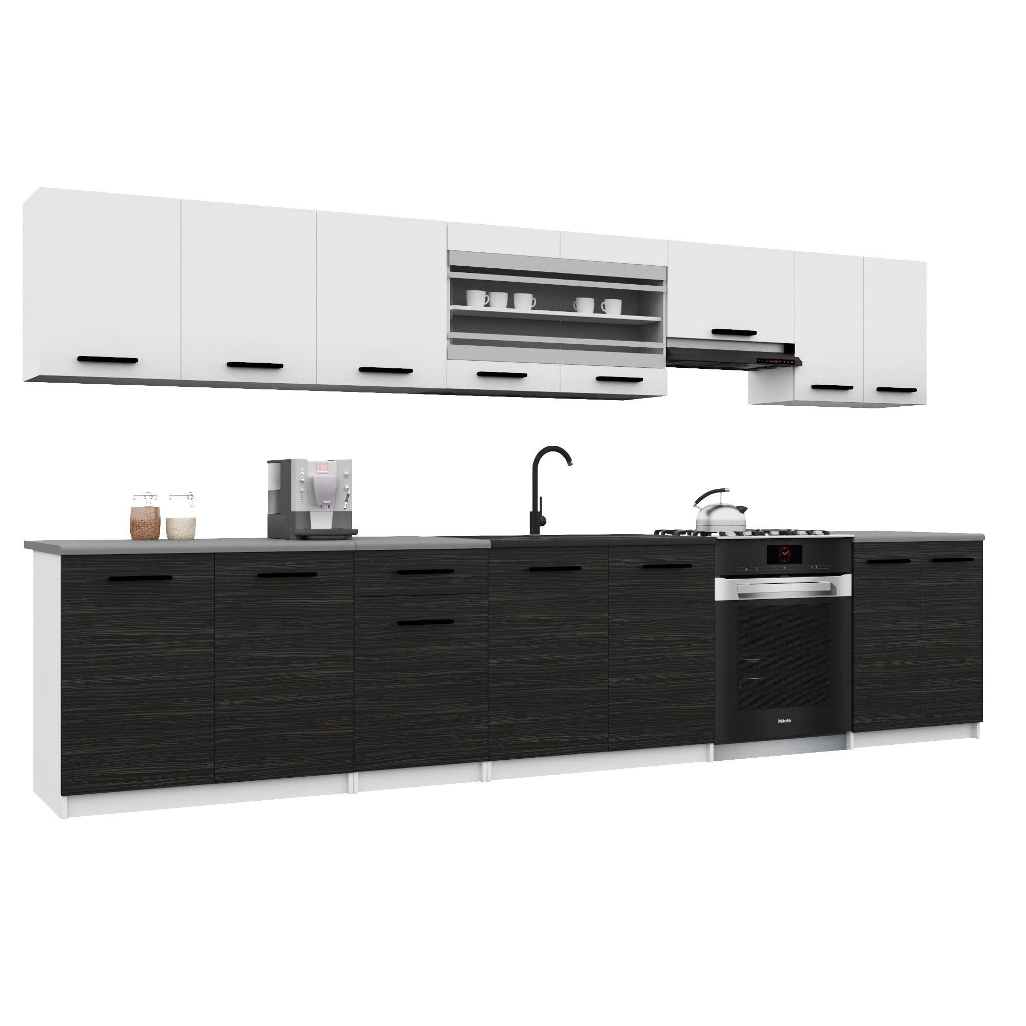 Belini Italia 3 Liniowa szafka kuchenna 320cm biało-hebanowa matowa | ECONATURA DECOR Liniowa szafka kuchenna, szafka, bez sprzętu AGD, z blatem roboczym