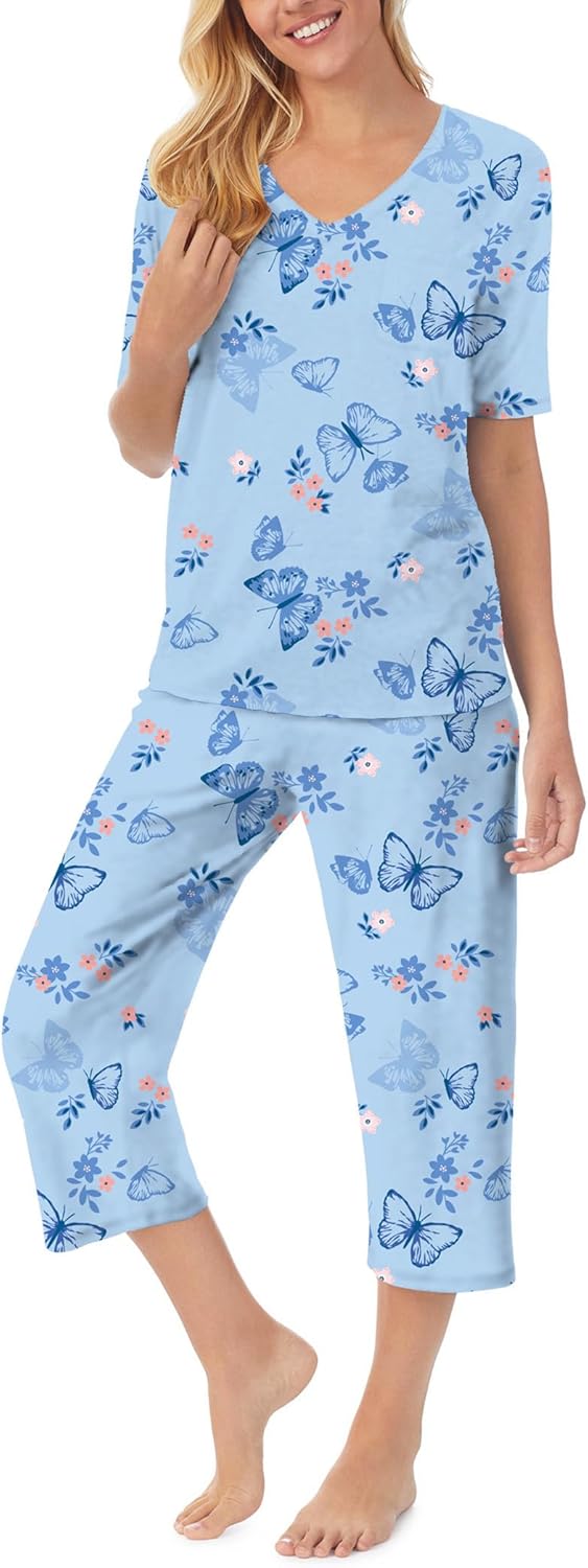 QCIV Womens Pajama Sets V-Neck Short Sleeve Top and Capri Pants with Pockets Sleepwear Set Two Piece PJS