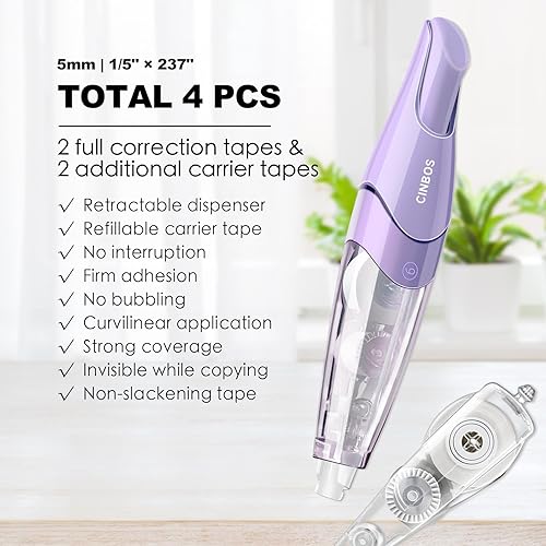 Miniatura 8 de Cinta de corrección blanca retráctil recargable, cinta correctora lisa blanca con 2 recambios adicionales, bonita cinta de corrección para