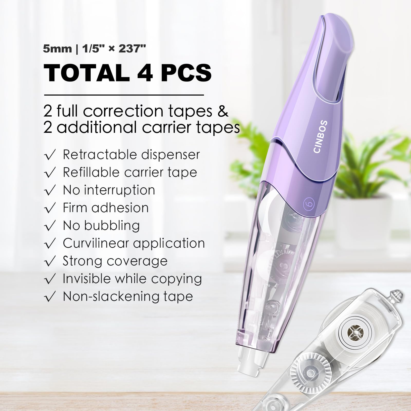 Cinta correctora retráctil recargable, cinta blanca con 2 recambios adicionales, bonito blanco para suministros de oficina, 4 unidades (CS-26)