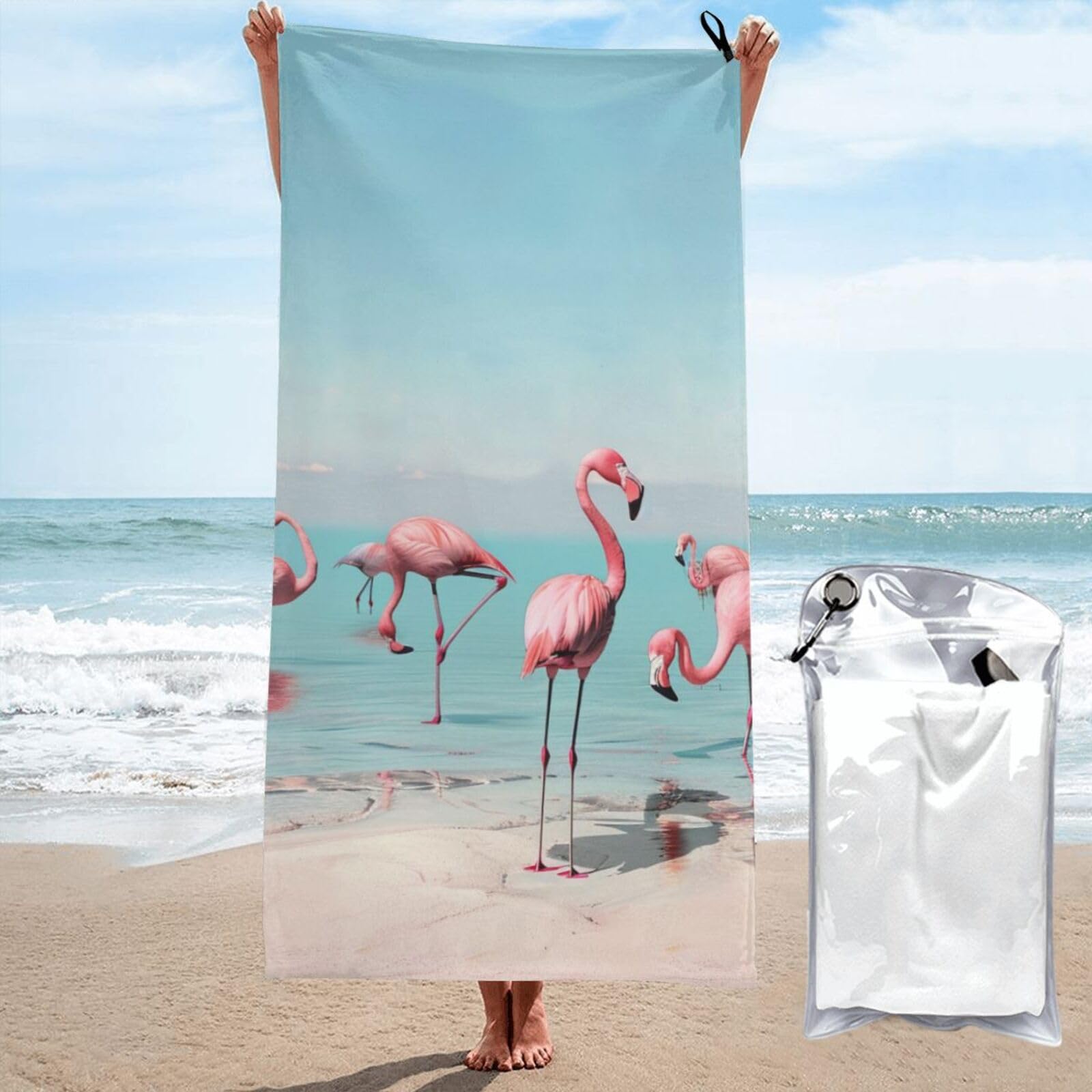 BWWHCCTI Flock of Flamingos on The Beach Printed Microfiber Quick Dry Beach Towel 70x140 CM, Fast Drying Bath Towels with Bags for Travel,Camping,Gym,Beach,Swimming,Yoga