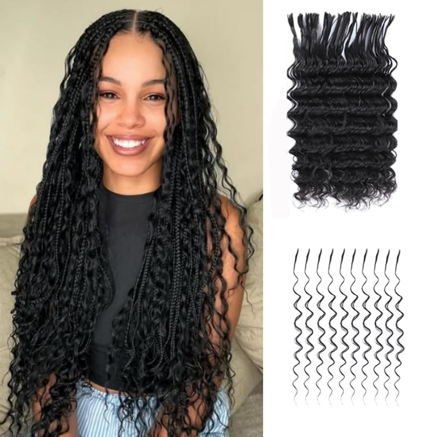 Bulk Pre Divided Human Hair for Locs Boho Crochet Braids Double Drawn Curly Wave Knotless Braids Extensions for Women Deep Wave No Weft Natural Color 16 Inch 100g