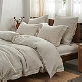 Simple&Opulence 100% Washed Linen Duvet Cover Set with Embroidered,3 Pieces Soft Farmhouse Comforter Set with Button Closure,1 Duvet Cover and 2 Pillowshams(King,Natural Linen)
