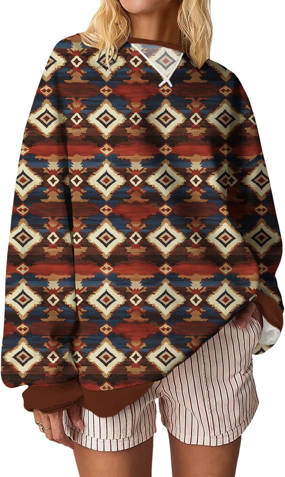 - 2025 Autumn Bohemian Unique Floral Print Pattern Classic Round Neck Long Sleeve Women's Pullover Sweatshirt