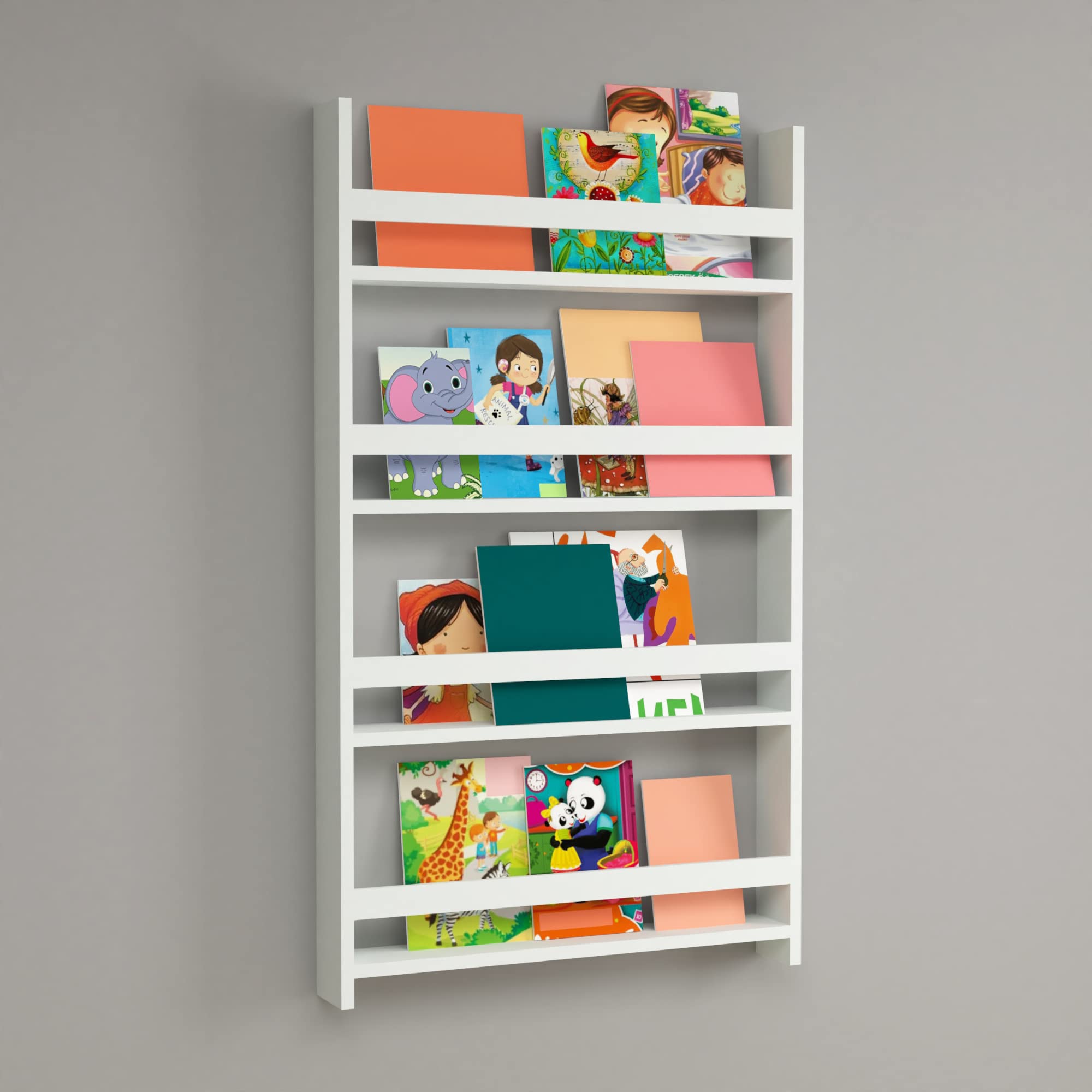 [en.casa] Estantería de Pared para Niños Organizador de Libros de 4 Niveles Estante Mural Infantil con Barra Aglomerado 120 x 74 x 10 cm Blanco
