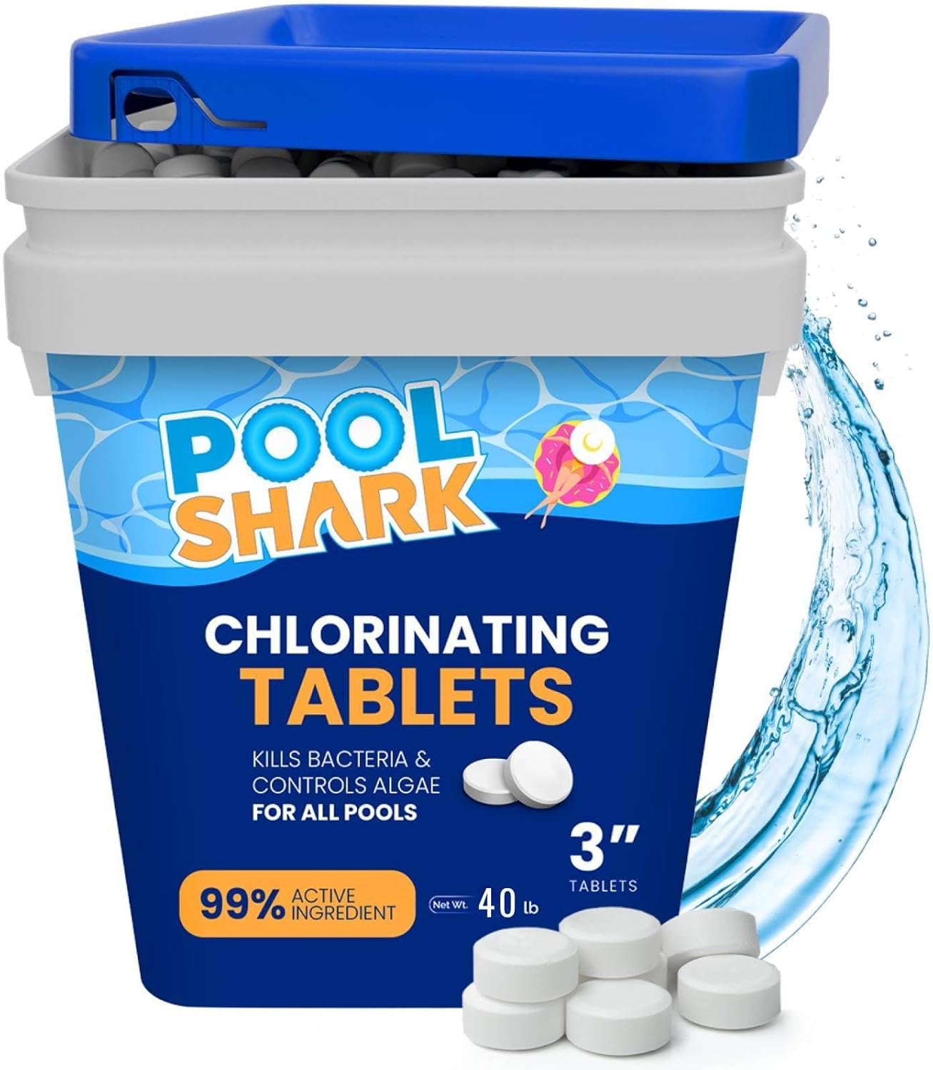 Pool Shark Swimming Pool Chlorine Tablets - 3-Inch Chlorine Tablets - Slow-Dissolving 90% Active Chlorine Tabs - Pool Chemicals for Inground Pools, Above Ground Pools, Saltwater, Spa, Hot Tub (40 lbs)