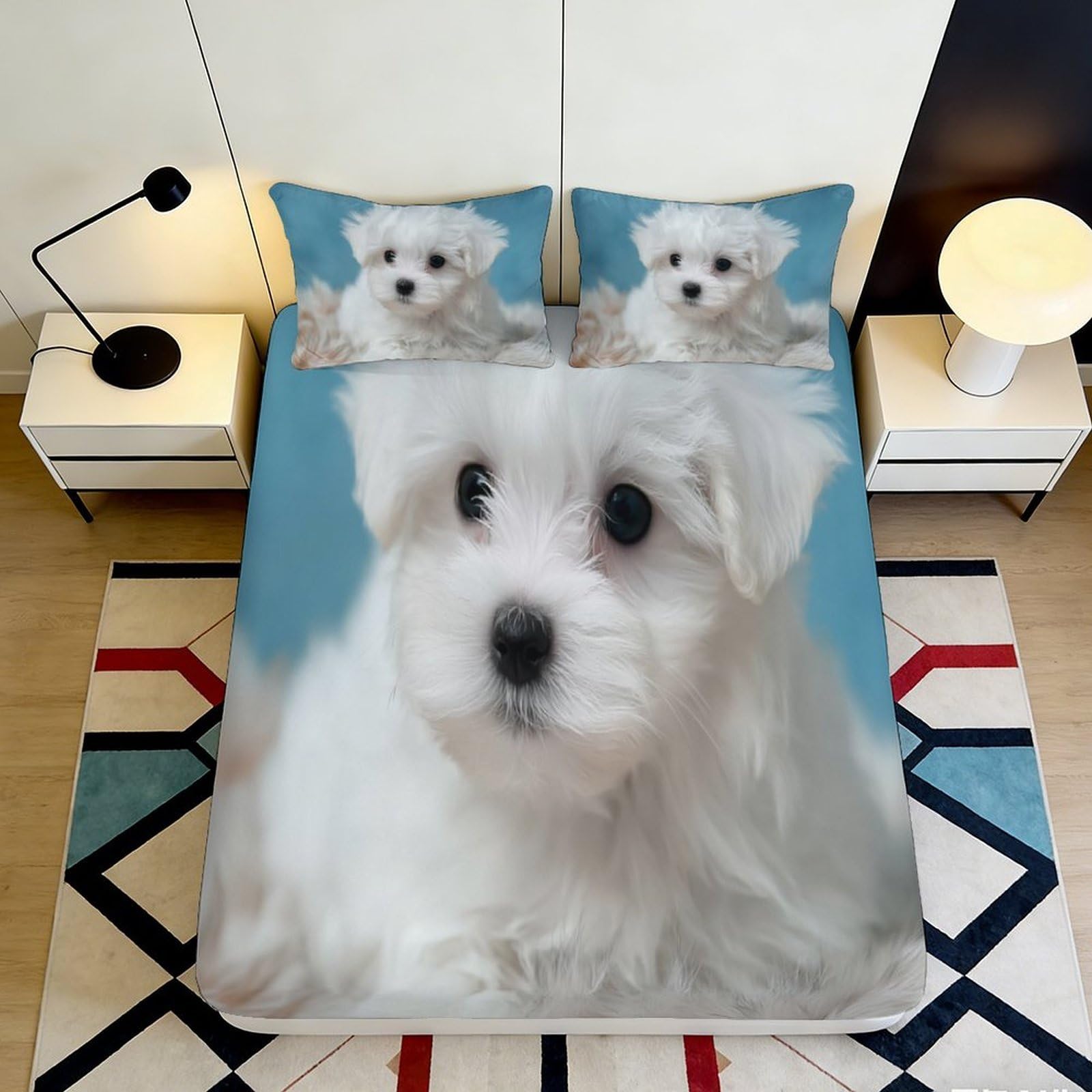 Uynsixtme Style-3 3D Printed Cute White Dog Fitted Sheet Microfiber Non-Slip Deep Pocket Puppy Mattress Fitted Cover Washable Bedding 200X200x25cm