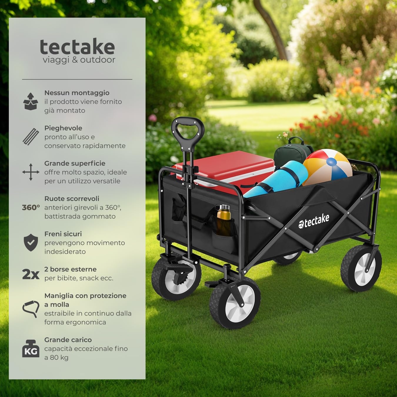 tectake® Carrello Pieghevole Leon, con Freni, Maniglia Telescopica, Carrello con Ruote Portatutto da Giardino, Carro Portaoggetti - Nero/Nero