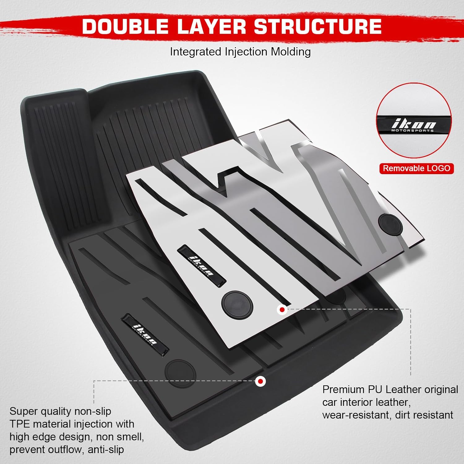 IKON MOTORSPORTS 3D TPE Floor Mats, Compatible with 2024-2025 Tesla Model 3, All Weather Waterproof Non-Slip Floor Liners, Front & 2nd Row Full Set Car Interior Accessories, Black & Gray & White