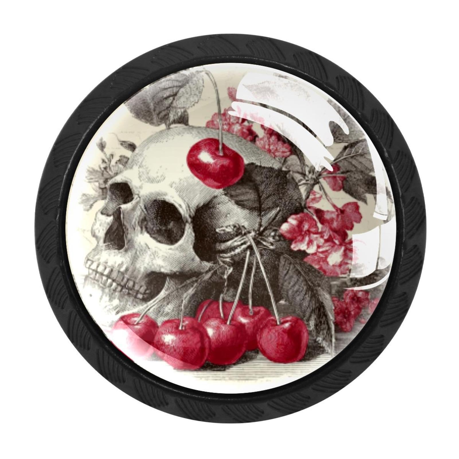 CHENZZZZ 4 Pack Black Vintage Skull and Flowers Cherry (2) Drawer Knobs, Cabinet Knobs Round Glass Knobs for Kitchen Cabinet Hardware Bathroom 35MM