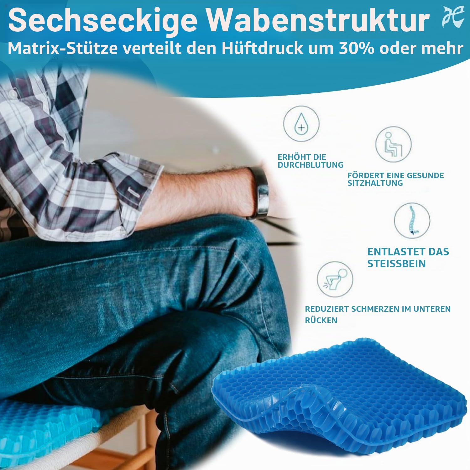 JAEMEYEM Gel-Sitzkissen (50,8 x 50,8 x 5,1 cm) für langes Sitzen, super große Gelkissen für ältere Menschen, Druckentlastung, Büro-/Schreibtischstuhl, Rollstuhl, Auto- und Flugzeugsitz, Couch