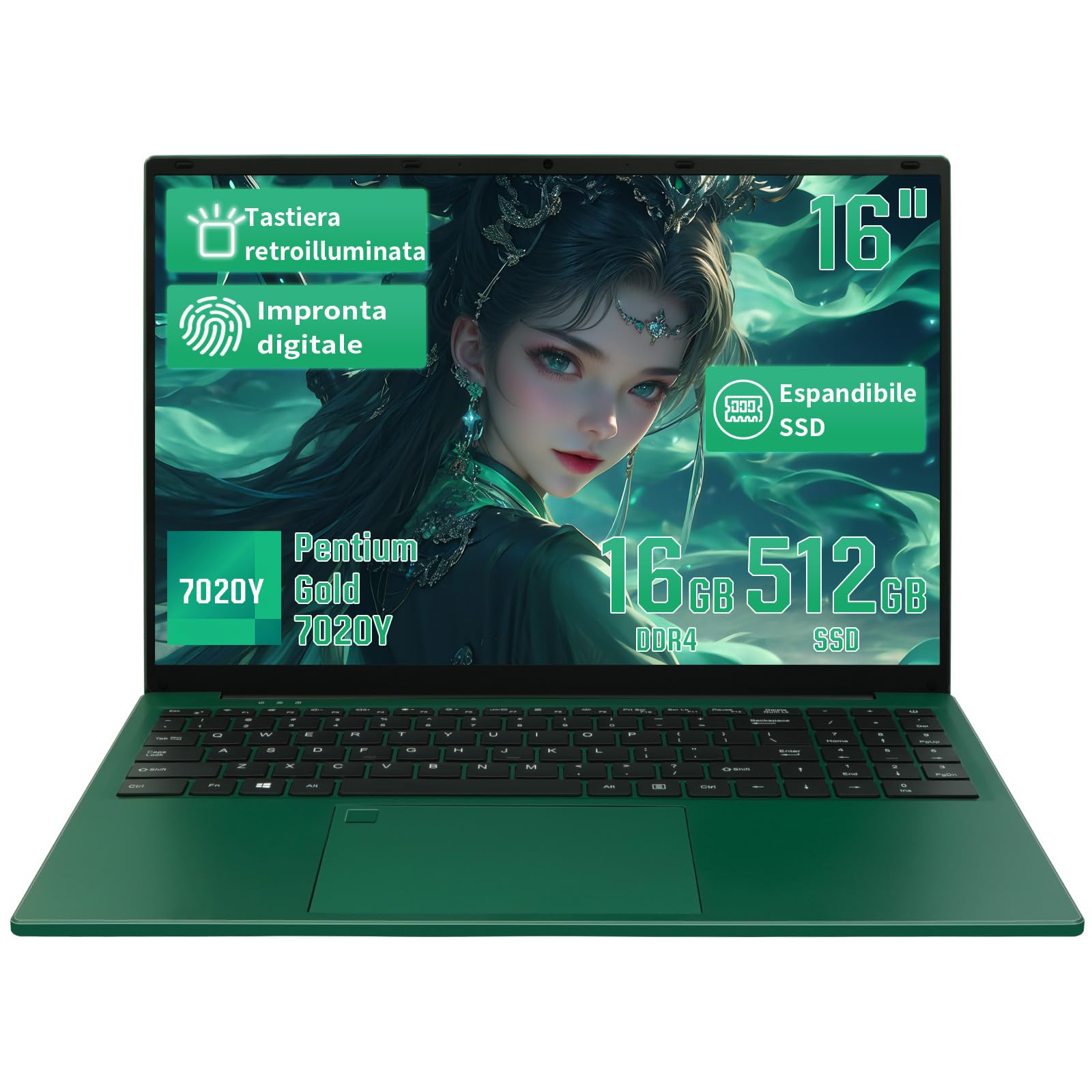 LONGVEINCE 2026 16 pollici PC portatile Laptop, 1920×1200 IPS, processore Pentium 7020Y (fino a 3,4 GHz), notebook leggero, BT4.2,USB3.0,5000 mAh, Win11 Pro, Verde,16 GB+512GB