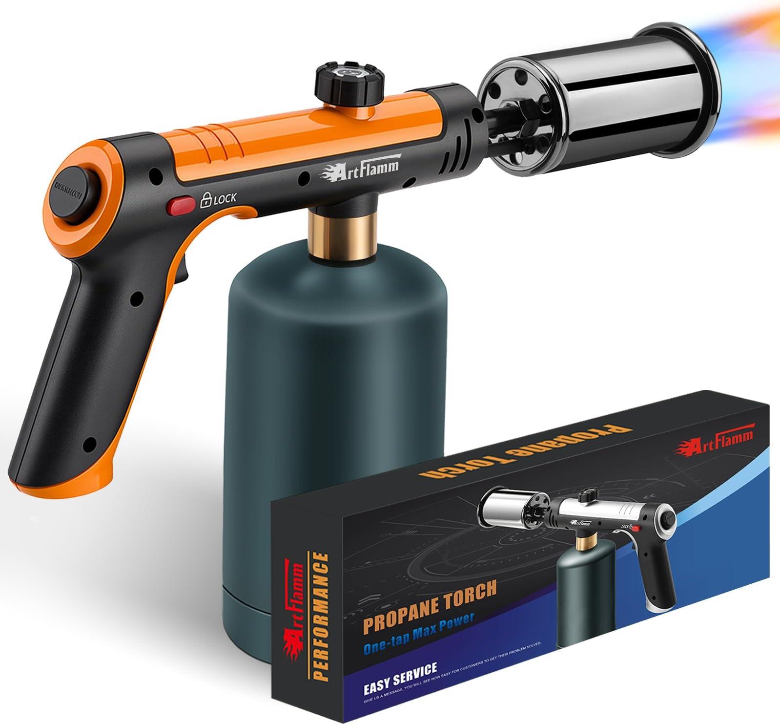 ARTFLAMM Powerful Propane Torch Gun, Flamethrower with Turbo Mode, Charcoal Torch Lighter with Safety Lock, Kitchen Blow Torch for Cooking, BBQ, Searing Steak, Grill(Tank Not Included)
