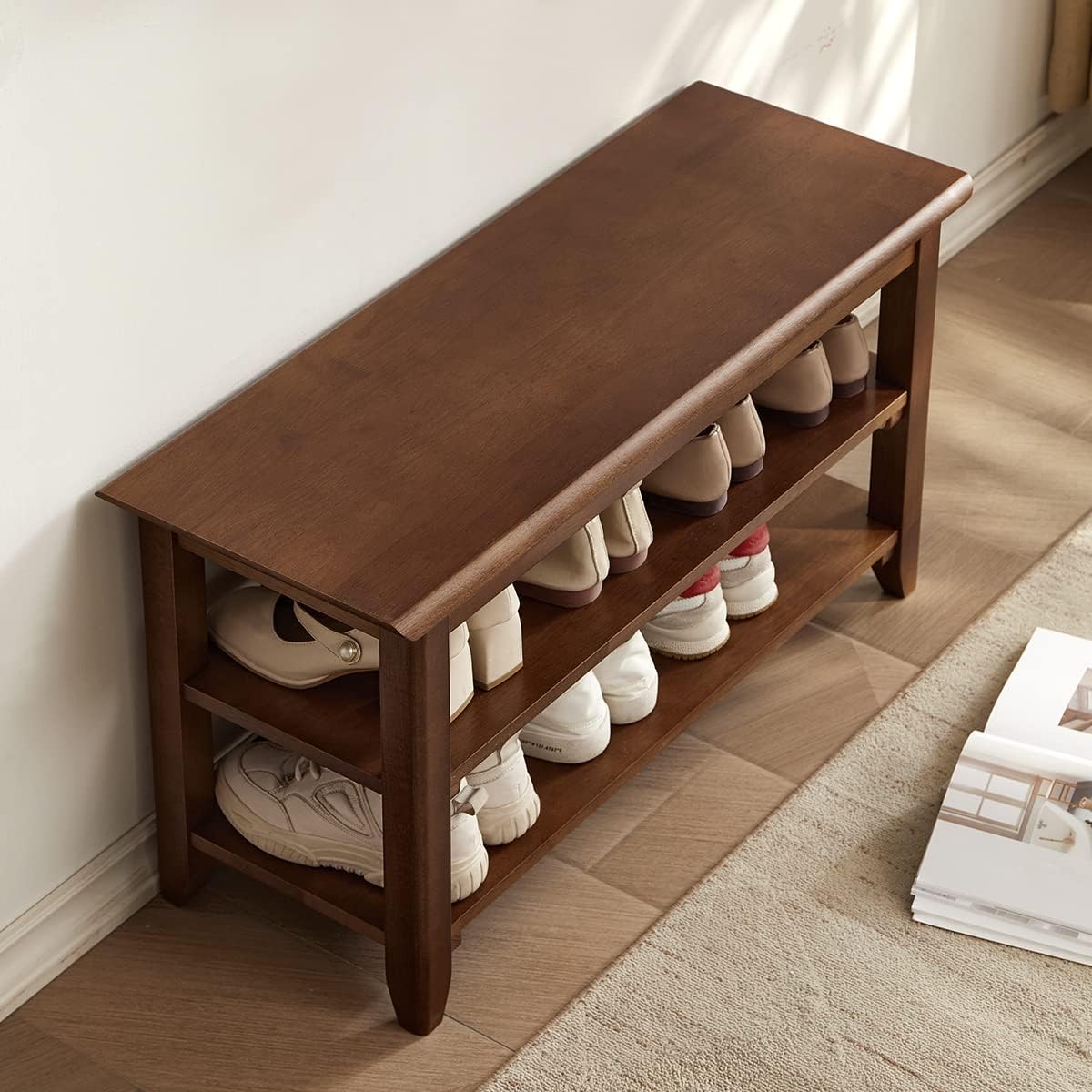 Storage Bench Wooden Shoe Bench Rustic Solid Wood Entryway Bench 2-Tier Shoe Rack Holds Up to 550 lb (Brown,32")