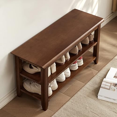 Banco de almacenamiento de madera para zapatos, banco de entrada de madera maciza rústica, zapatero de 2 niveles con capacidad para hasta 550 libras