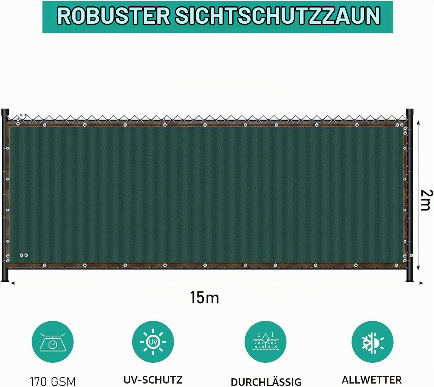 Malloom Grün Sichtschutz Zaunblende, 2x15m Zaunblende150 g/m² Schattiernetz Tennisblende, Windschutz UV-resistent Reißfest, mit Löcher und Kabelbinder für Garten, Balkon, Terrasse, Veranda