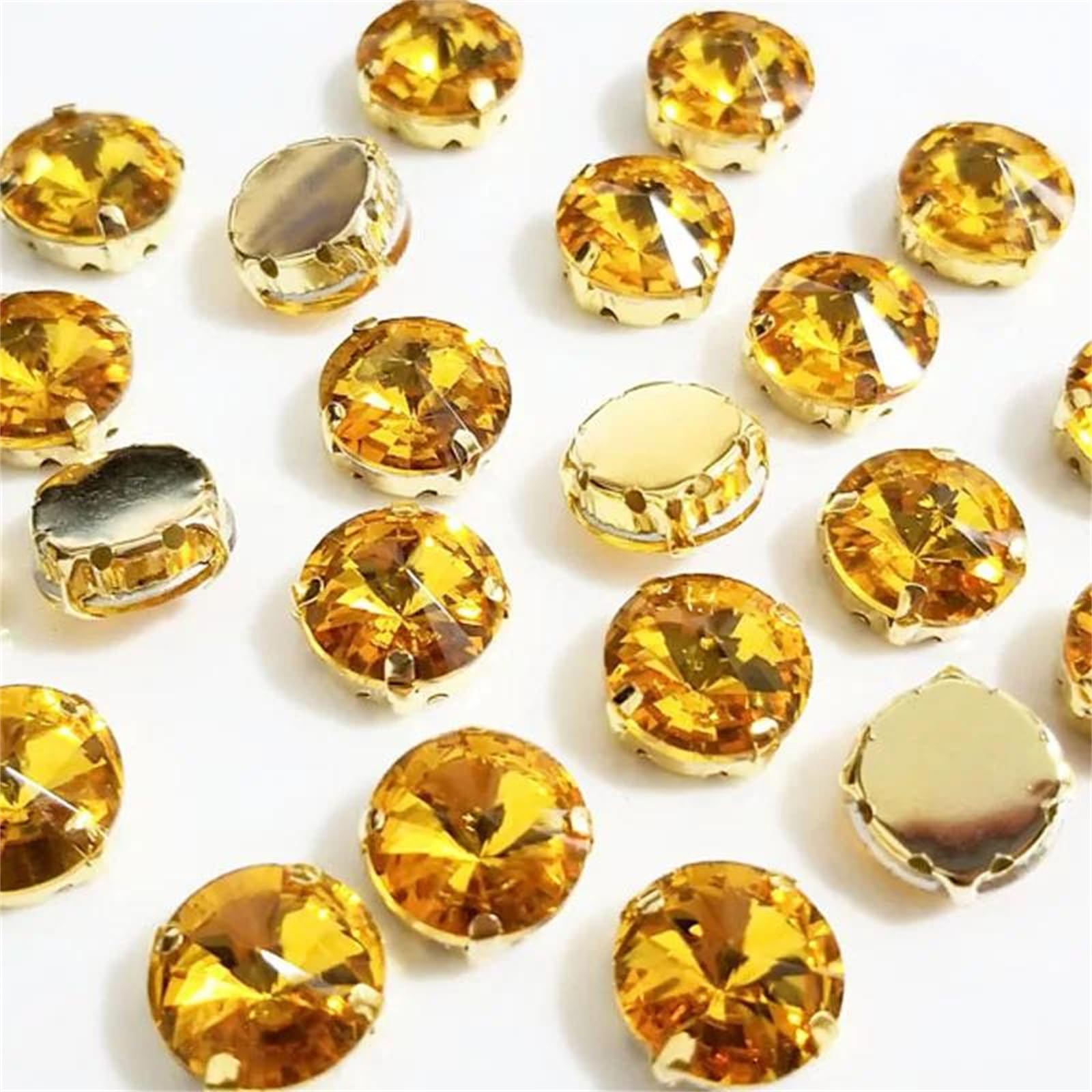 Strass à coudre ronds jaunes en verre fond doré pour customisation habit