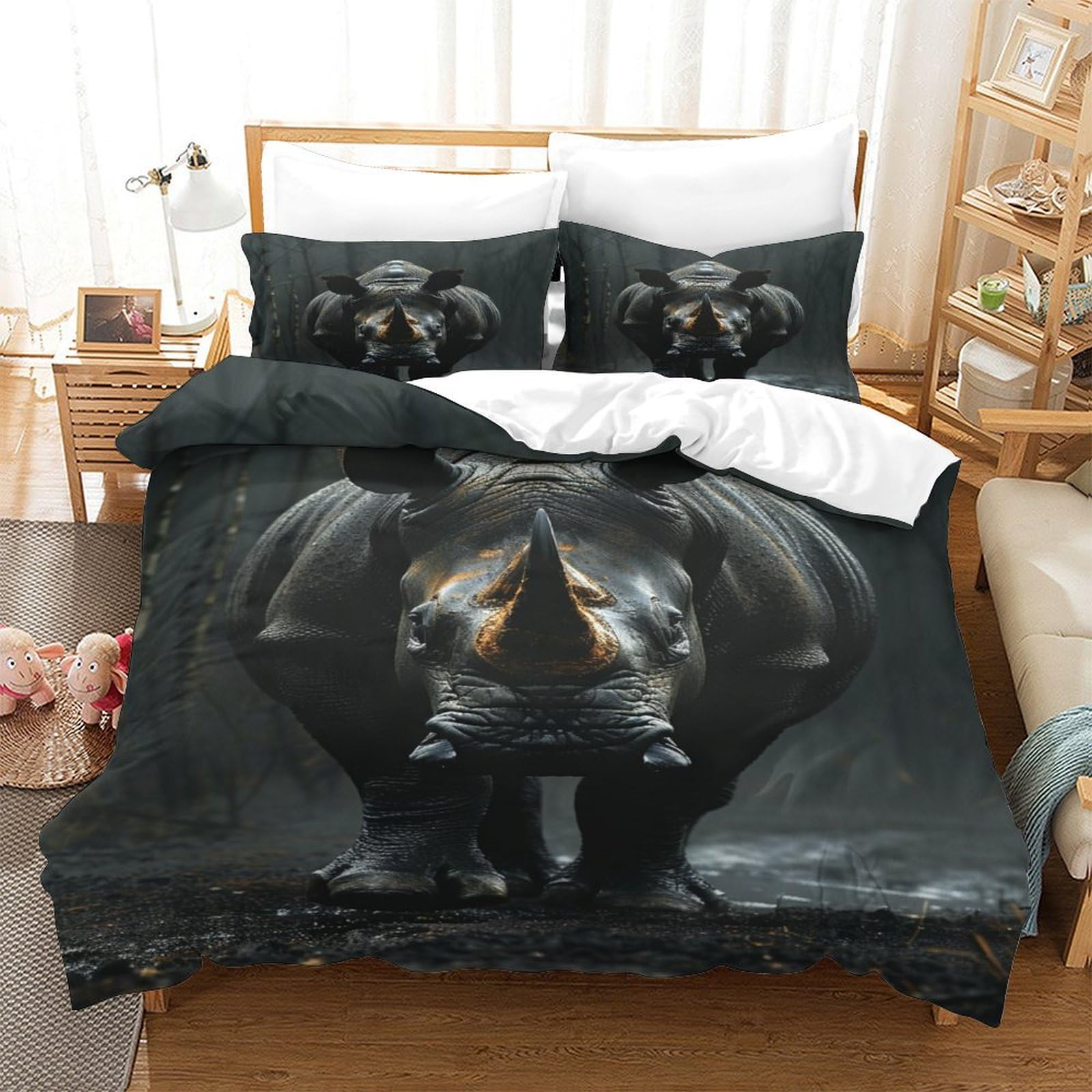 Housse de couette imprimé rhinocéros 3D anti-plis en microfibre douce